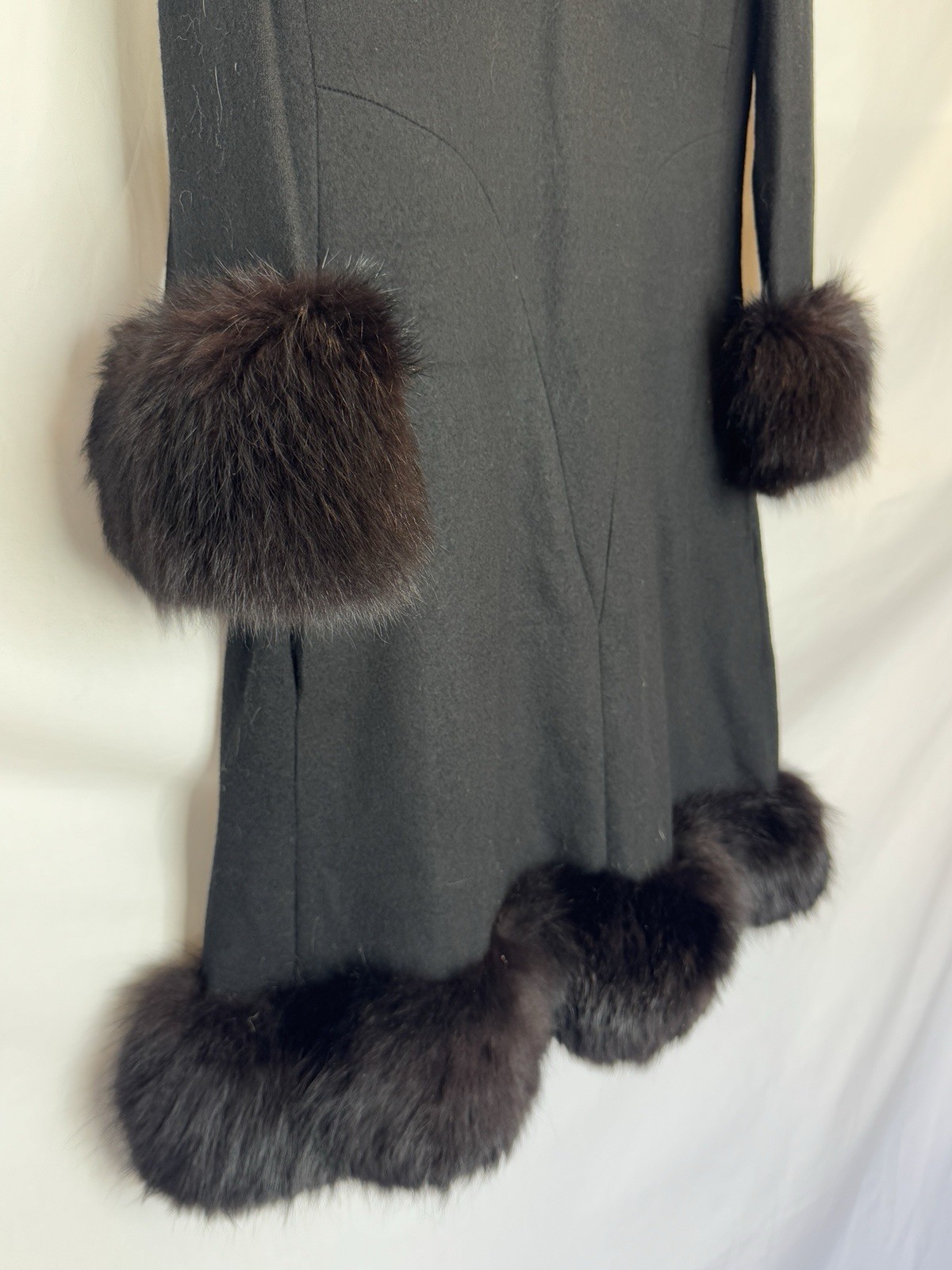 Sandi Monica Vintage Black Wool Coat Dress with Fur Trim