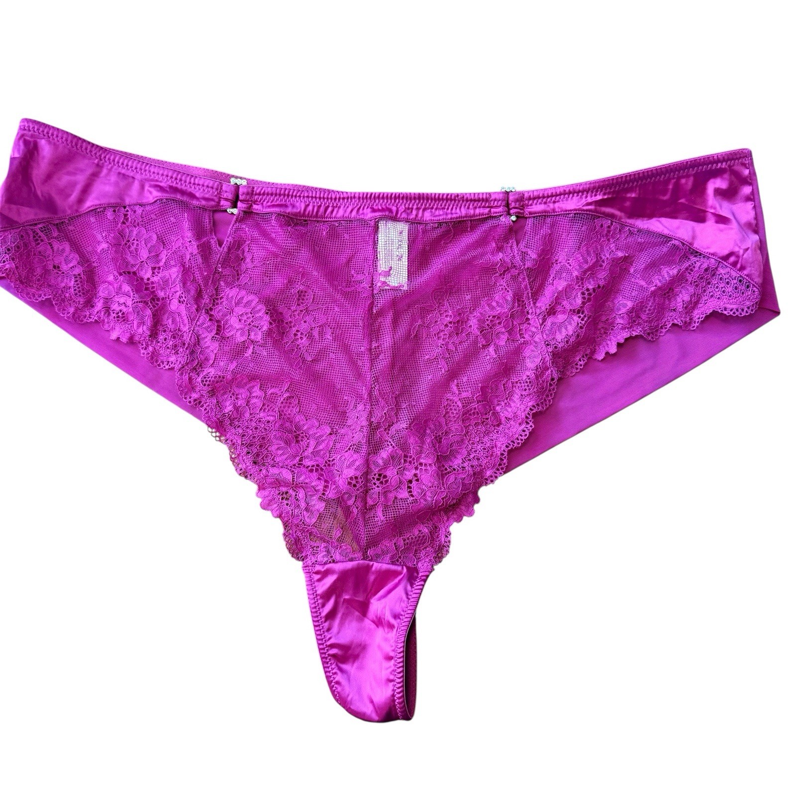 Vintage Thong Panties 24 XXL Purple Lace Sheer Satin Crystal Y2K High Waist