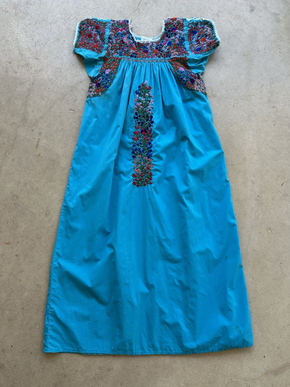 1970s Cotton Oaxacan Mexican Huipil Dress Embroidered Maxi STAINED AS IS Vintage