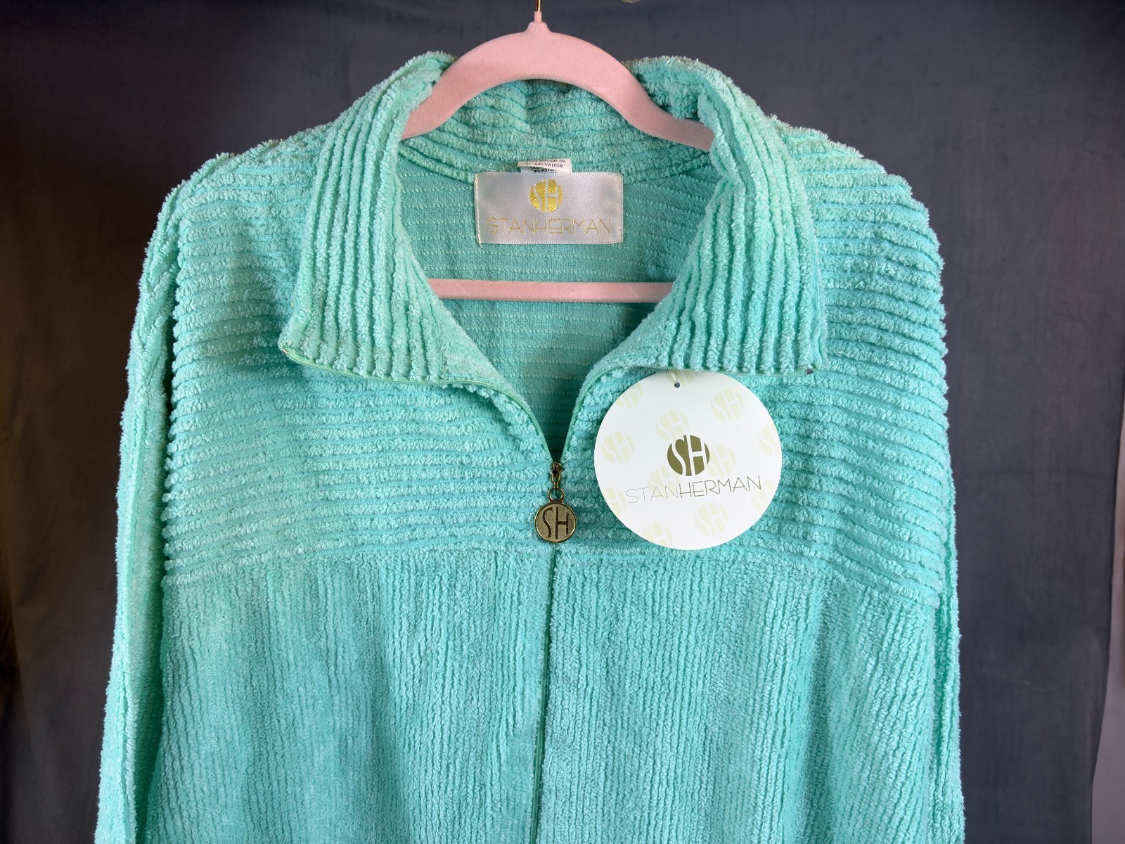 VTG Stan Herman Turquoise Chenille Robe House Coat 1/2 zip Pockets XL P NWT
