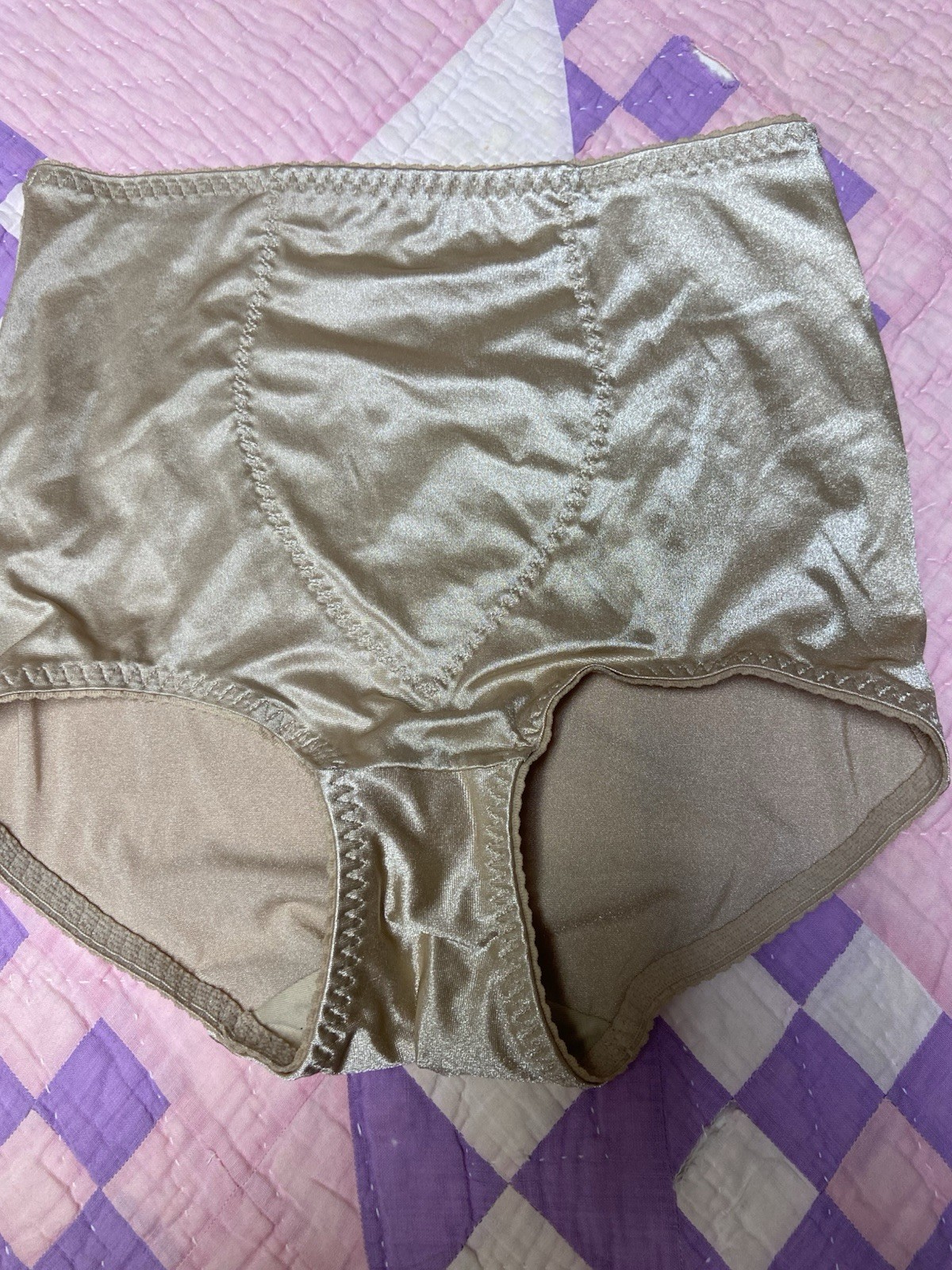Vtg. Cupid Brief Light Support Shiny Stretch Beige Size L Granny Sissy Panty