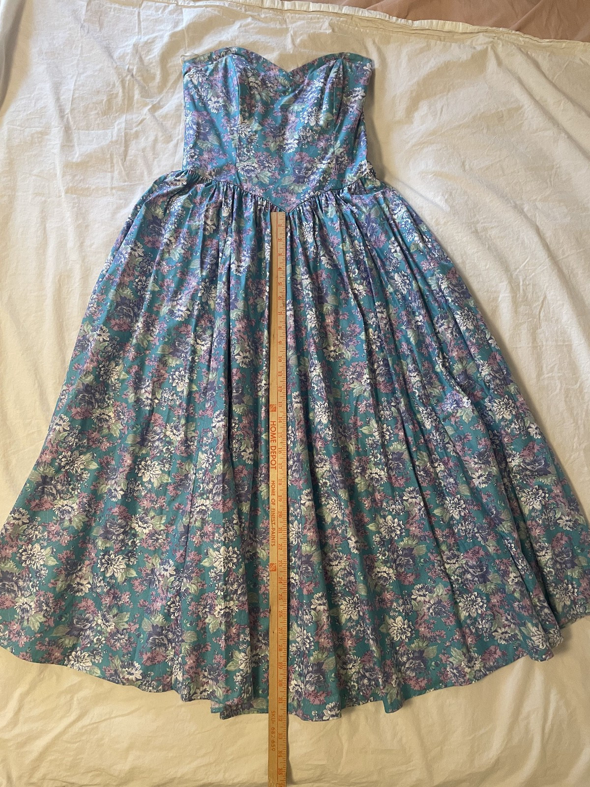 Laura Ashley Vintage 90s Floral Strapless Dress Aqua Purple US Sz 10 runs small