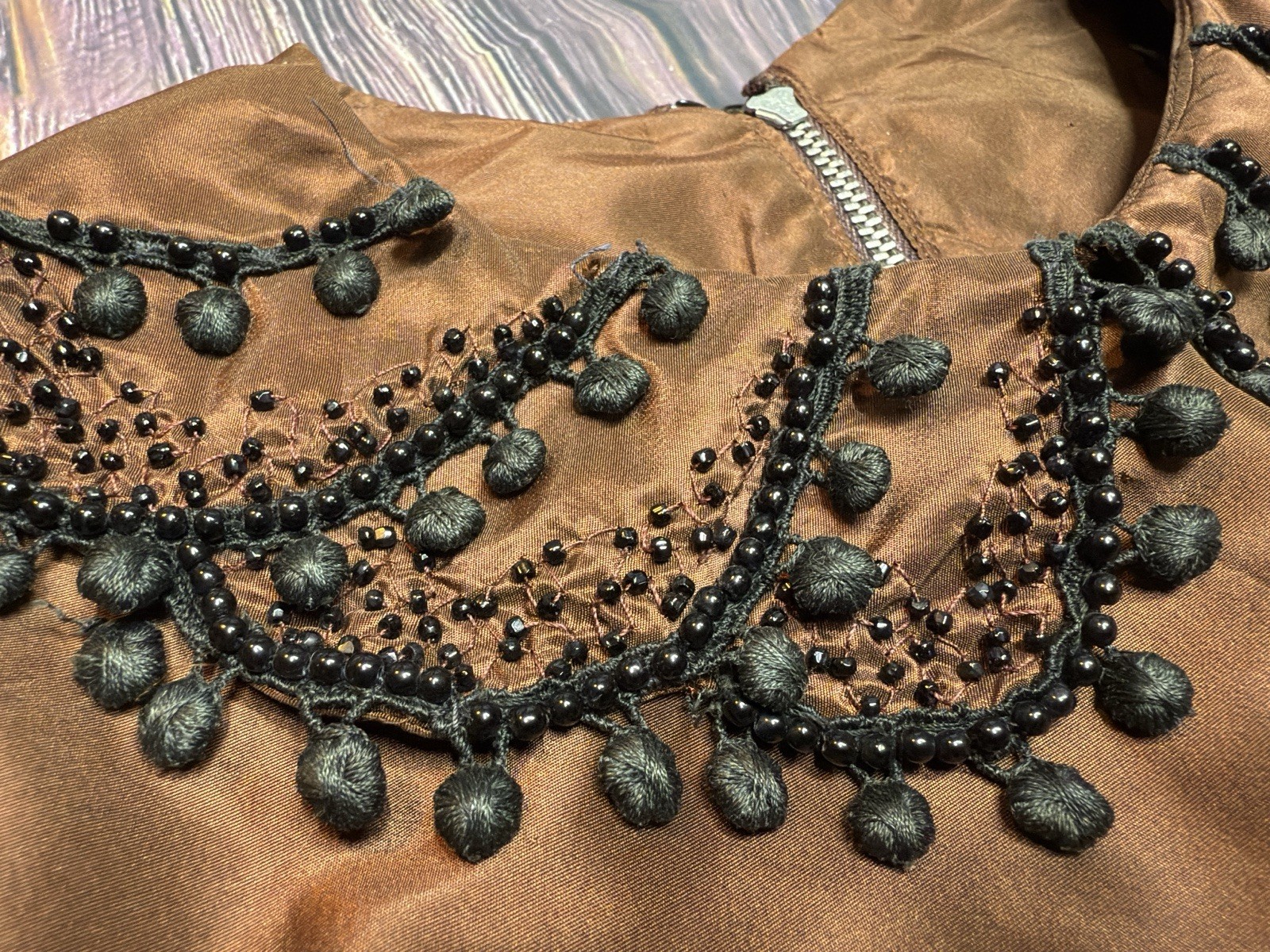 Vintage 50s Copper Victorian Goth Fit & Flare Cocktail Dress Beaded Collar SM/XS