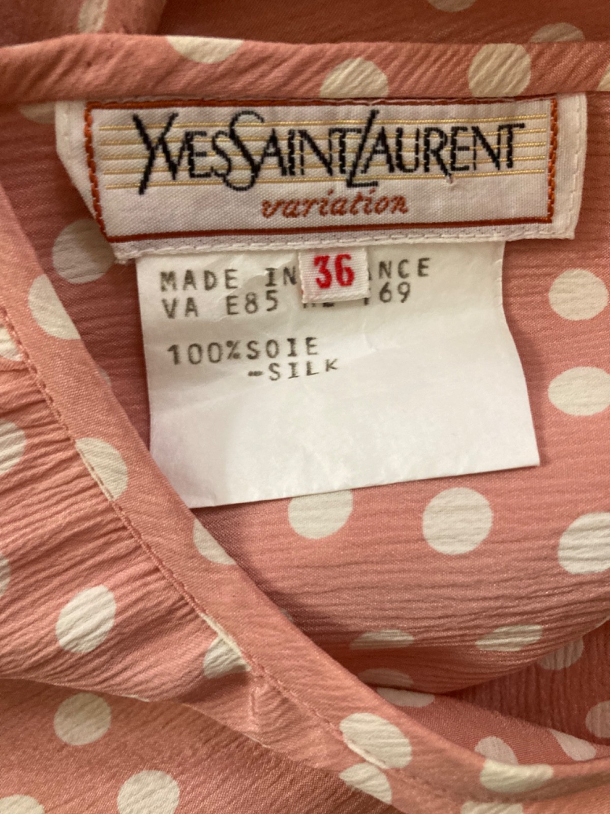 🇫🇷Vtg Yves Saint Laurent Polka Dot Pink Dress Puff Blouson Sleeve France Sz.36