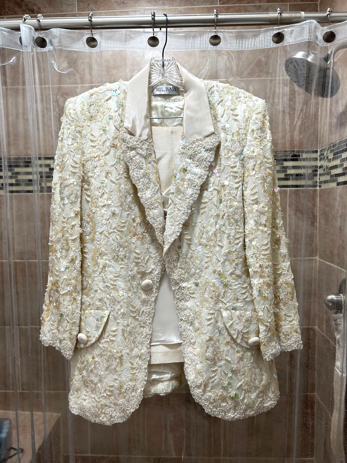 1980S BILL BLASS 3 PIECE IVORY OUTFIT DRESS SIZE 10- SOLID BEADED JACKET!