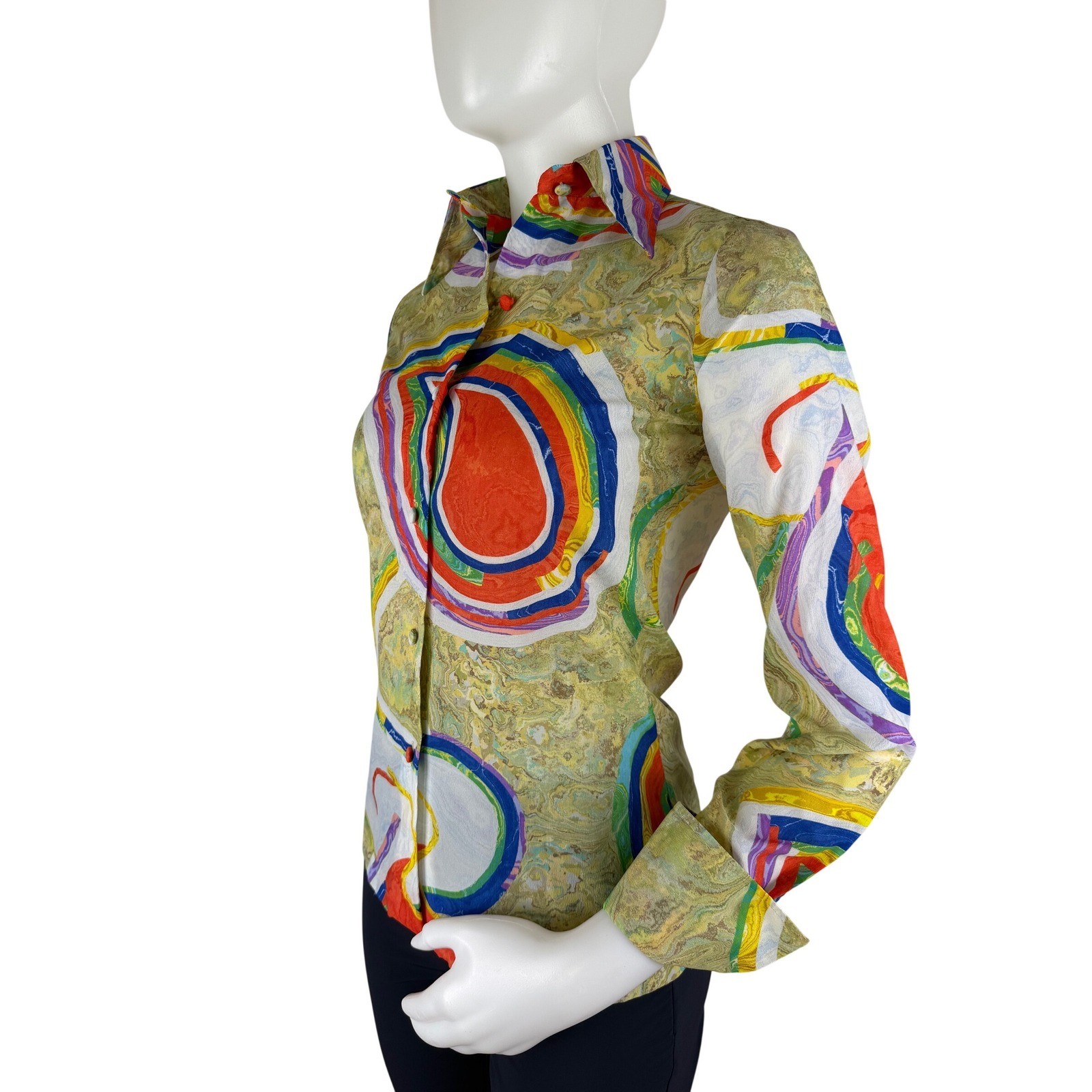 Vintage 70s Psychedelic Marble Print Button Front Blouse Mod
