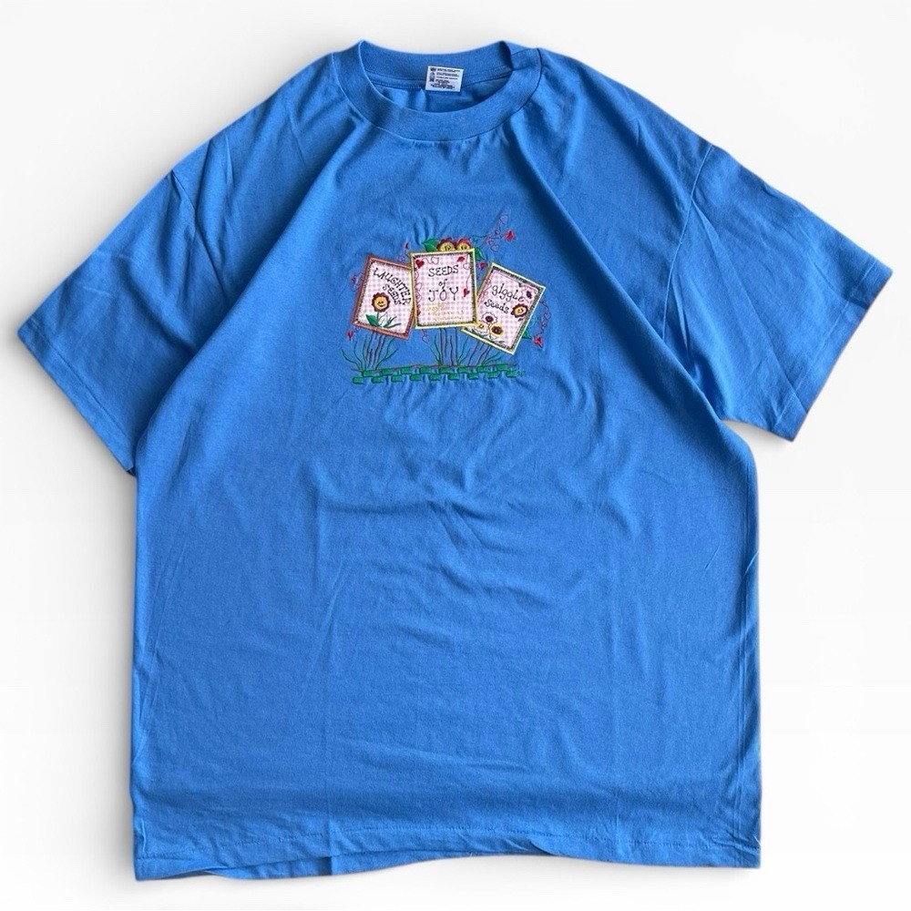 Vintage Anvil Blue Cotton Embroidered Flowers Gardening Graphic Tee T-Shirt XL