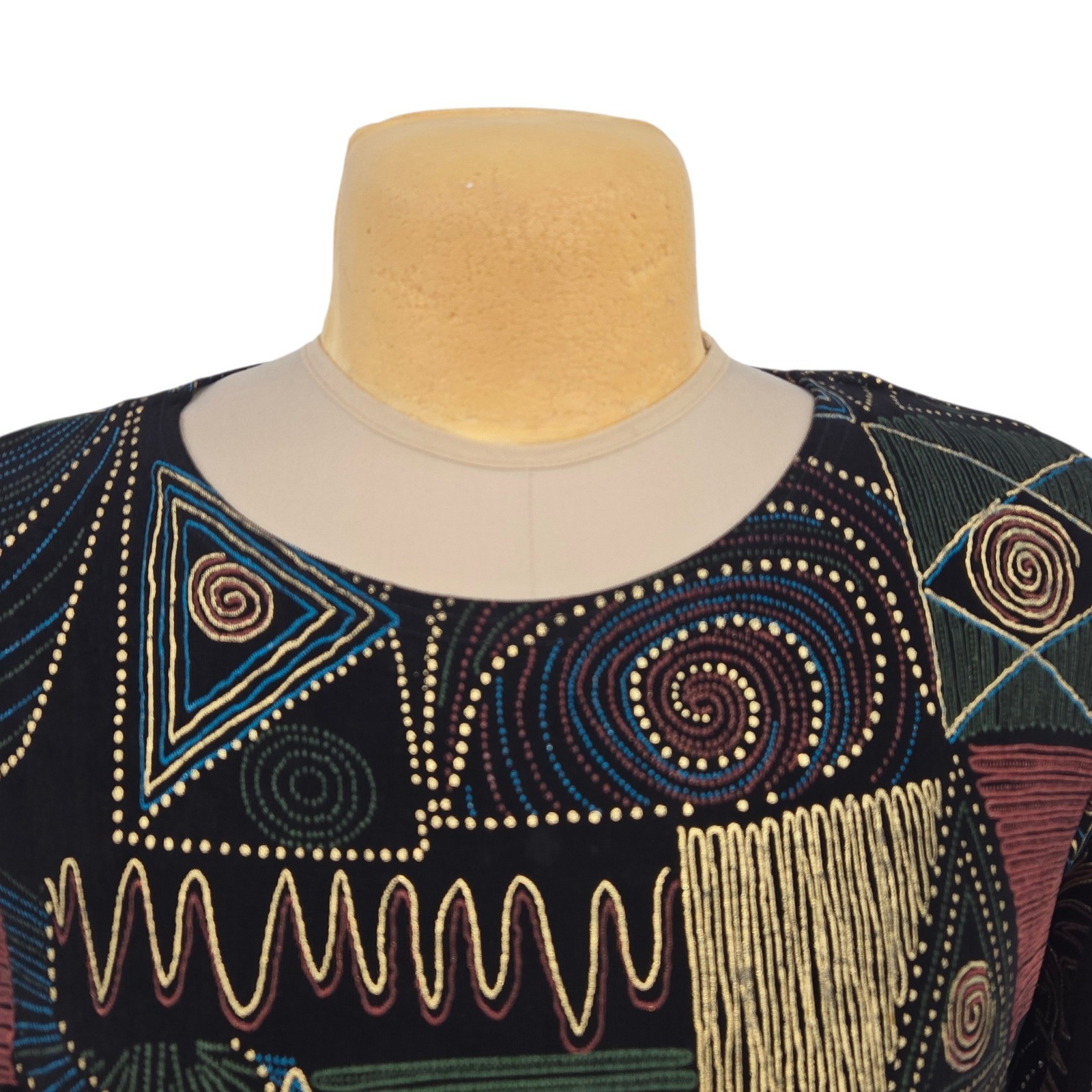 Marshall-Rousso Top M Black Geometric Abstract Vintage Artsy Resort Going Out