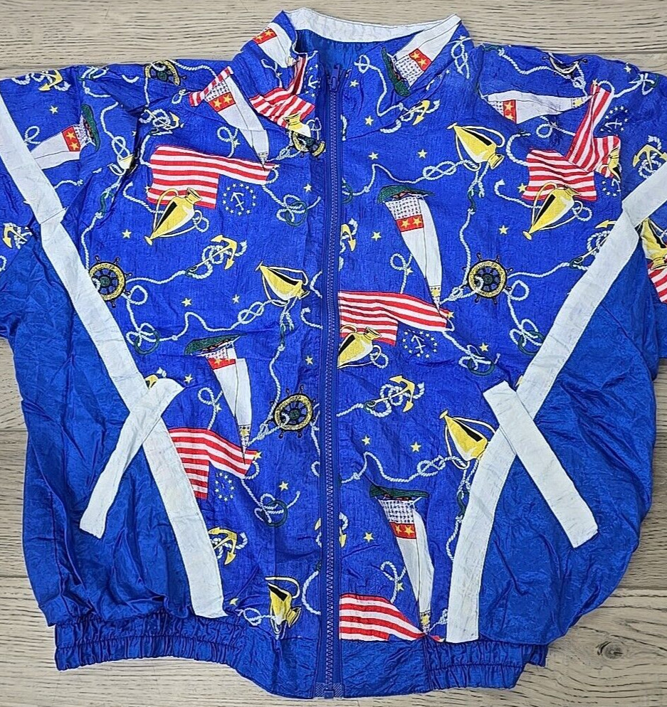 Vtg Basic Rituals Nautical Patriotic Blue Nylon Jacket & Pant Track Suit – Sz L