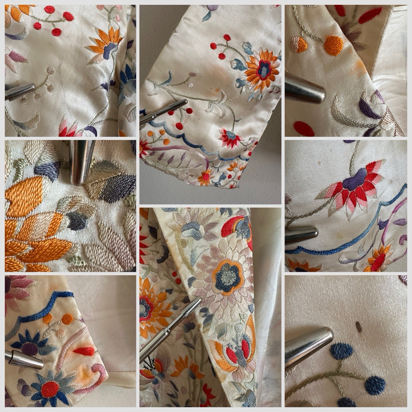 1920s 30s Silk Embroidered Export Piano Shawl Jacket Moth Floral Peking Knot VTG
