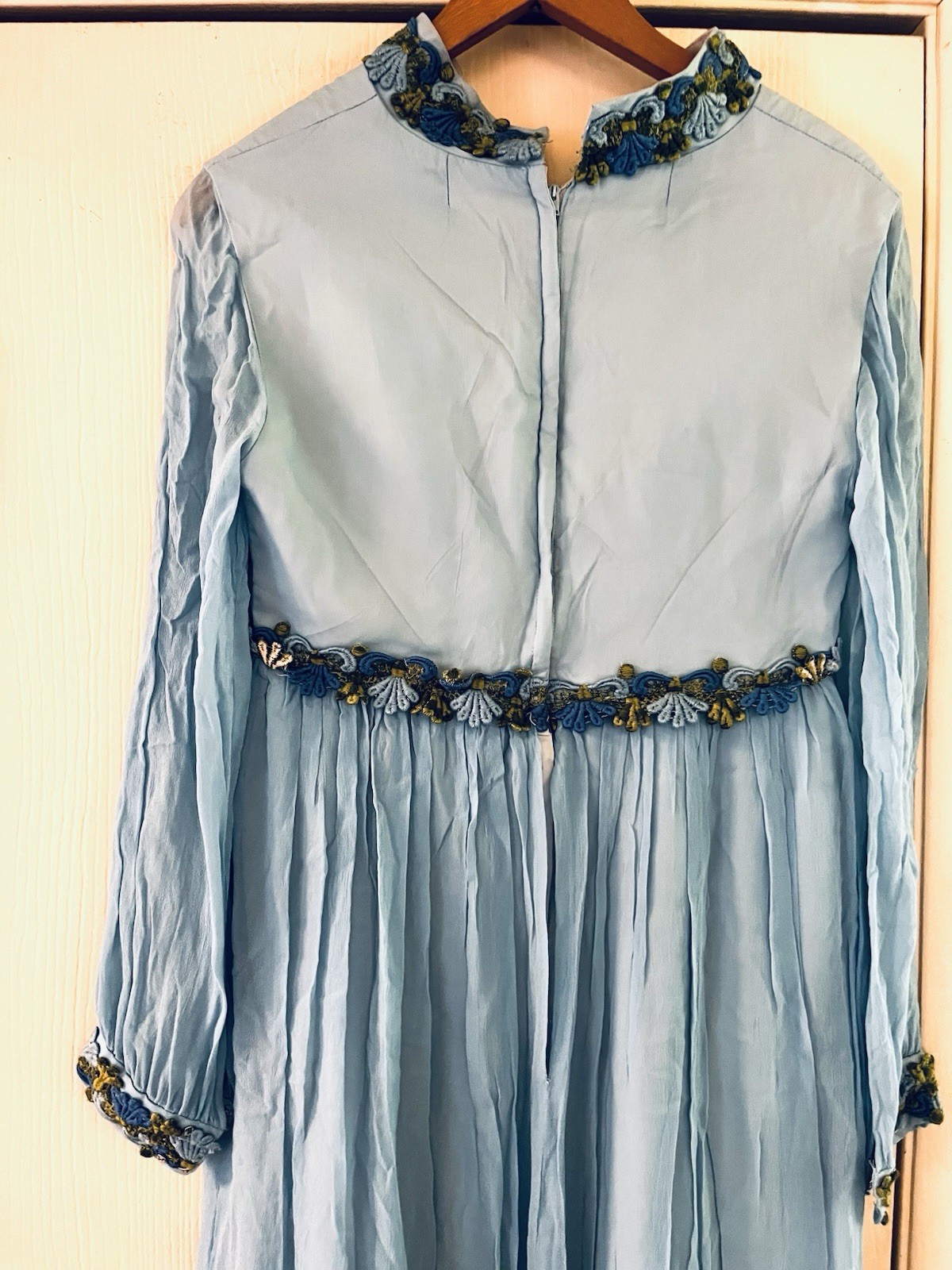 VTG 60s Prom Renaissance Embroidered Hippie Silk Chiffon Babydoll Maxi Dress