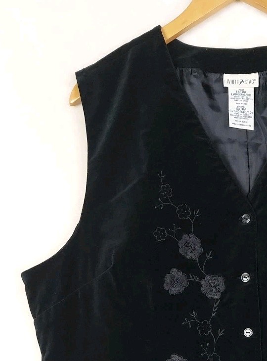 Vintage 80s Vest Womens XLarge 16/18 Black Velvet Floral Embroidery Whimsigoth