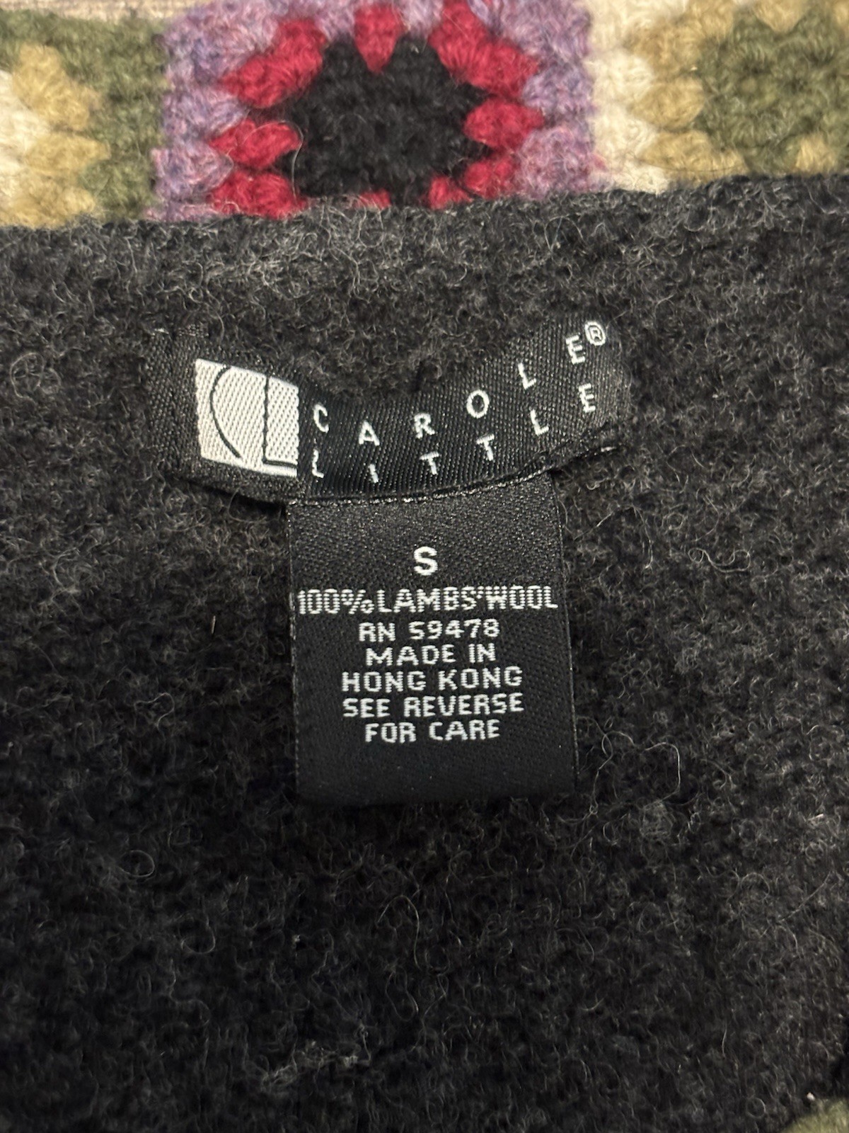 Vintage 100% Lambswool Sweater S Handmade Carole Little Crochet Trim Hong Kong