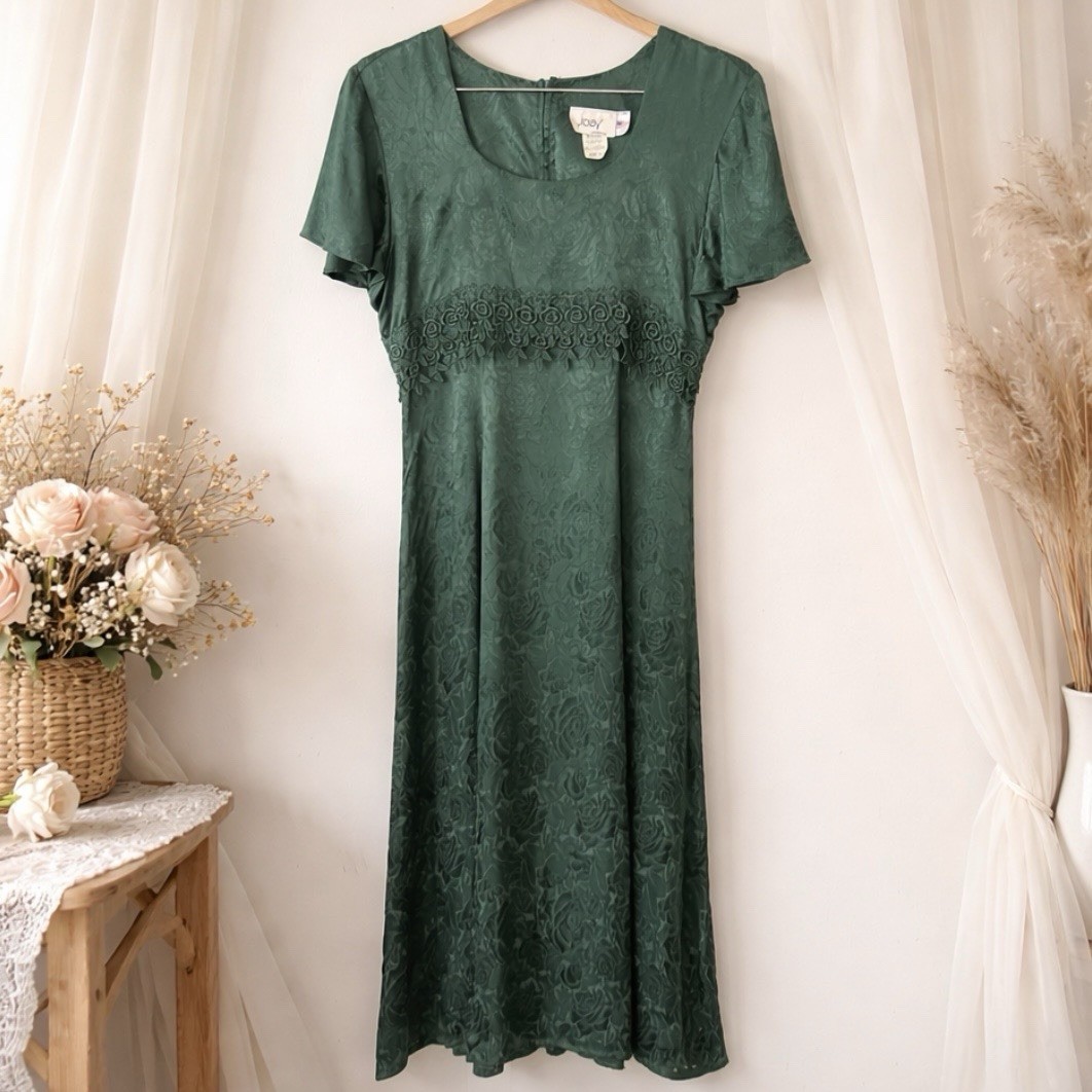 Vintage 90s Forest Green Jacquard Floral Maxi Dress Lace Tie Wedding Guest 6
