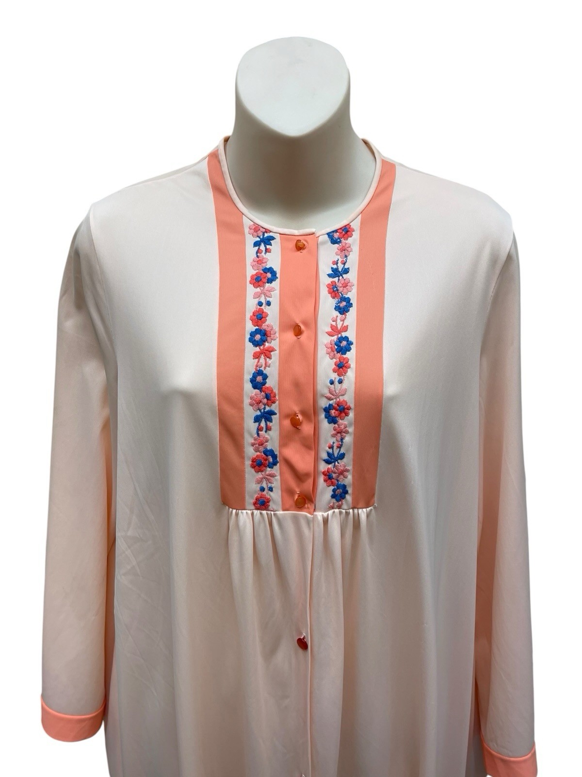 Vintage 70s 80s Lorraine Button Front Housecoat Robe Nightgown Large Peach Nylon