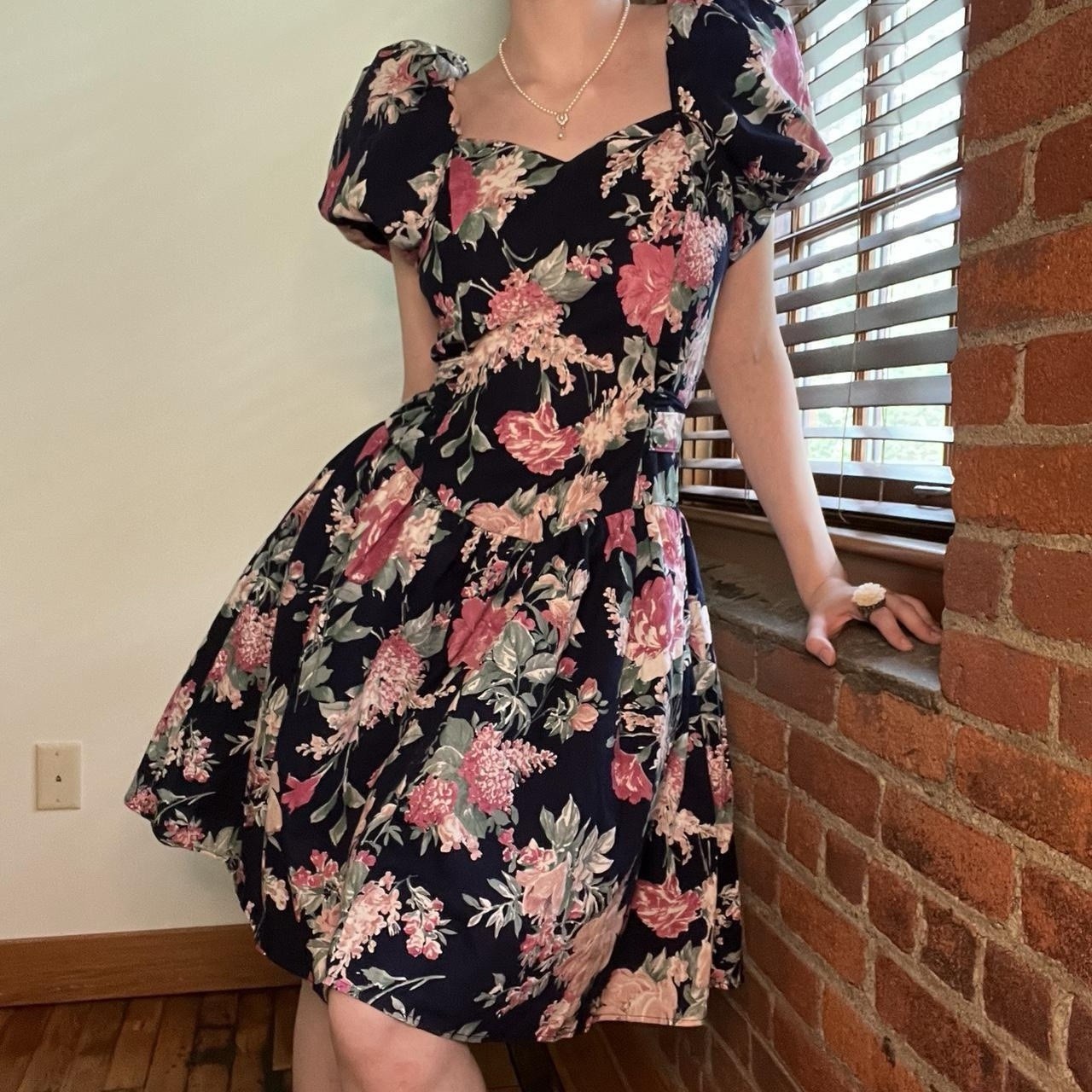 Vintage Floral Puff Sleeve Tea Dress Navy Pink Green White Day Dress