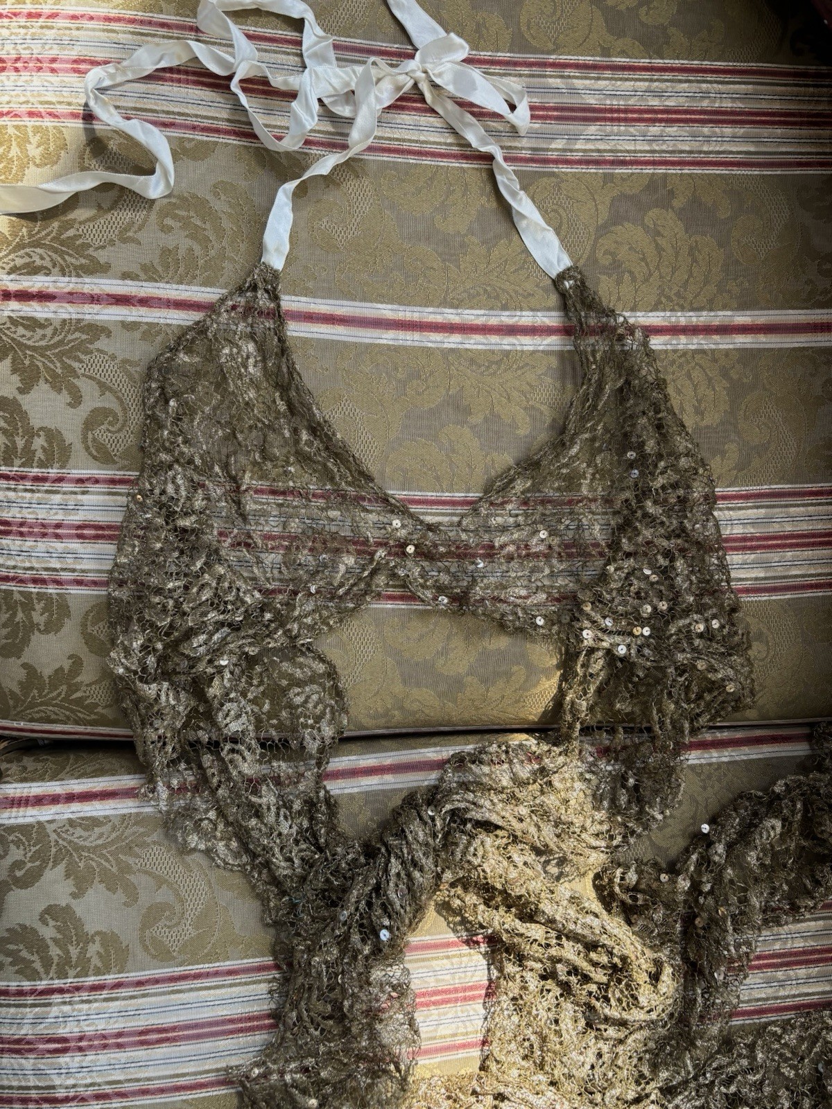 Antique 1920s Lamé Lace Gold Showgirl Sequin Halter Wrap Flapper Rare 1930s