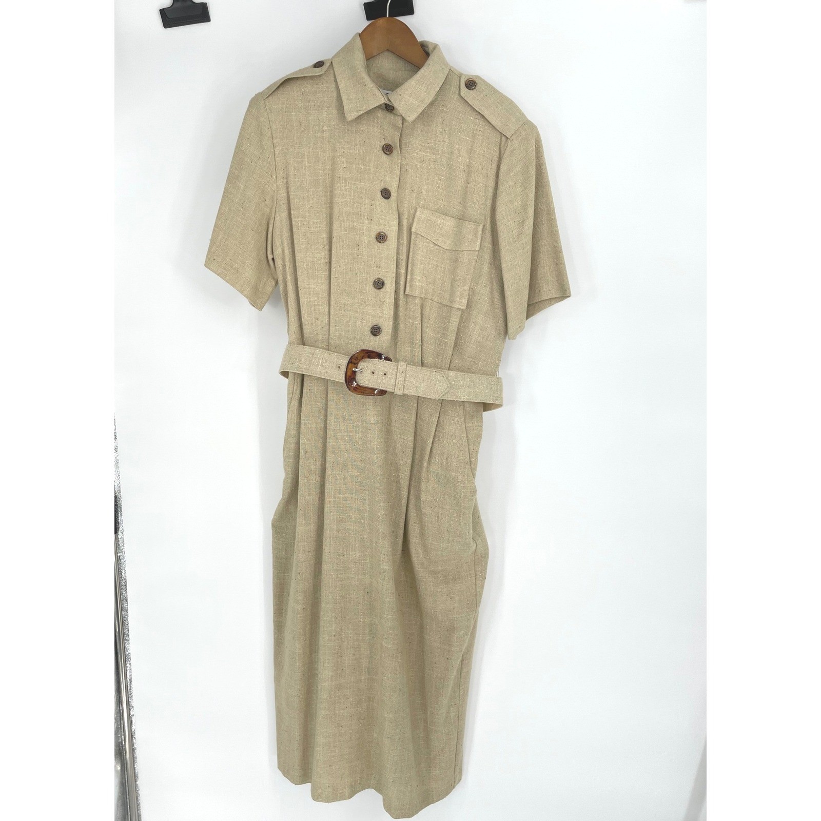 Vtg Decor Women Y2K 90&rsquo;s Dress 12 Safari Midi Tan Belted Rayon Blend Linen Look