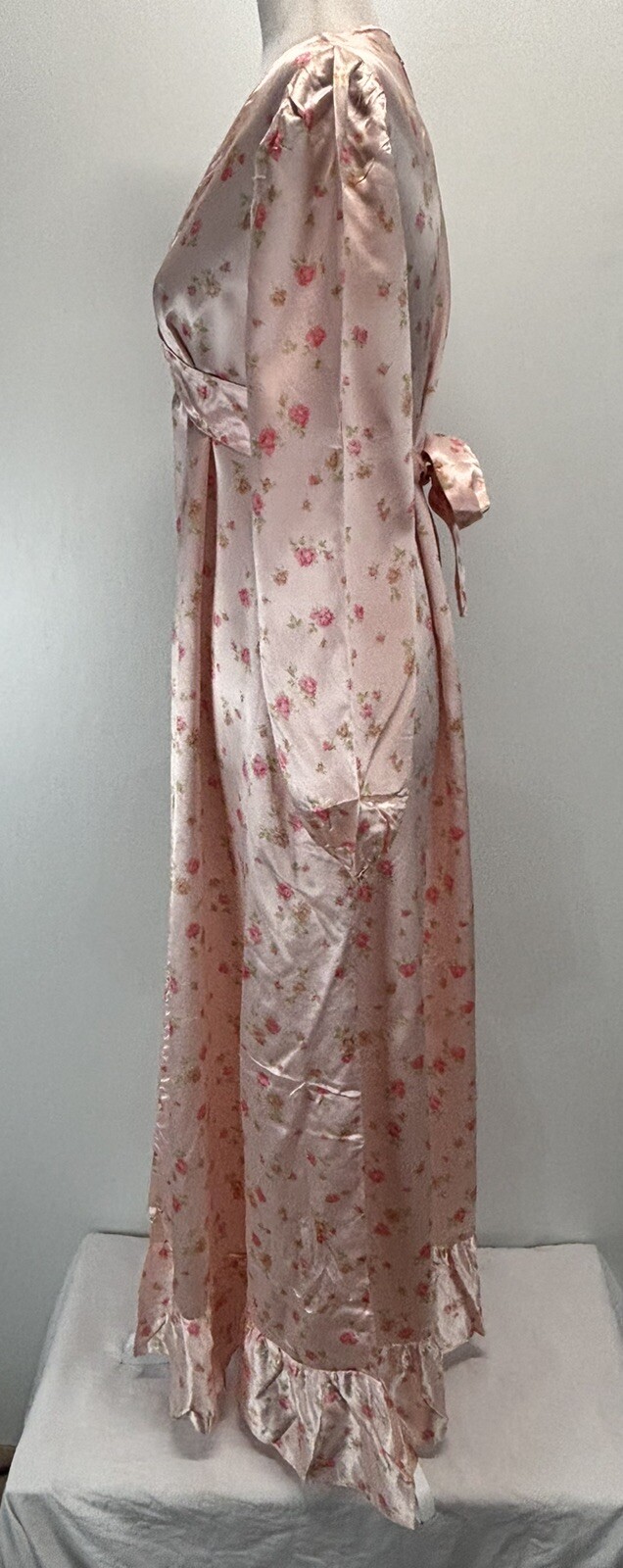 Vtg Handmade Satin Floral Gown Dress Pink Tie Back Cottage Core Prairie Long 70s