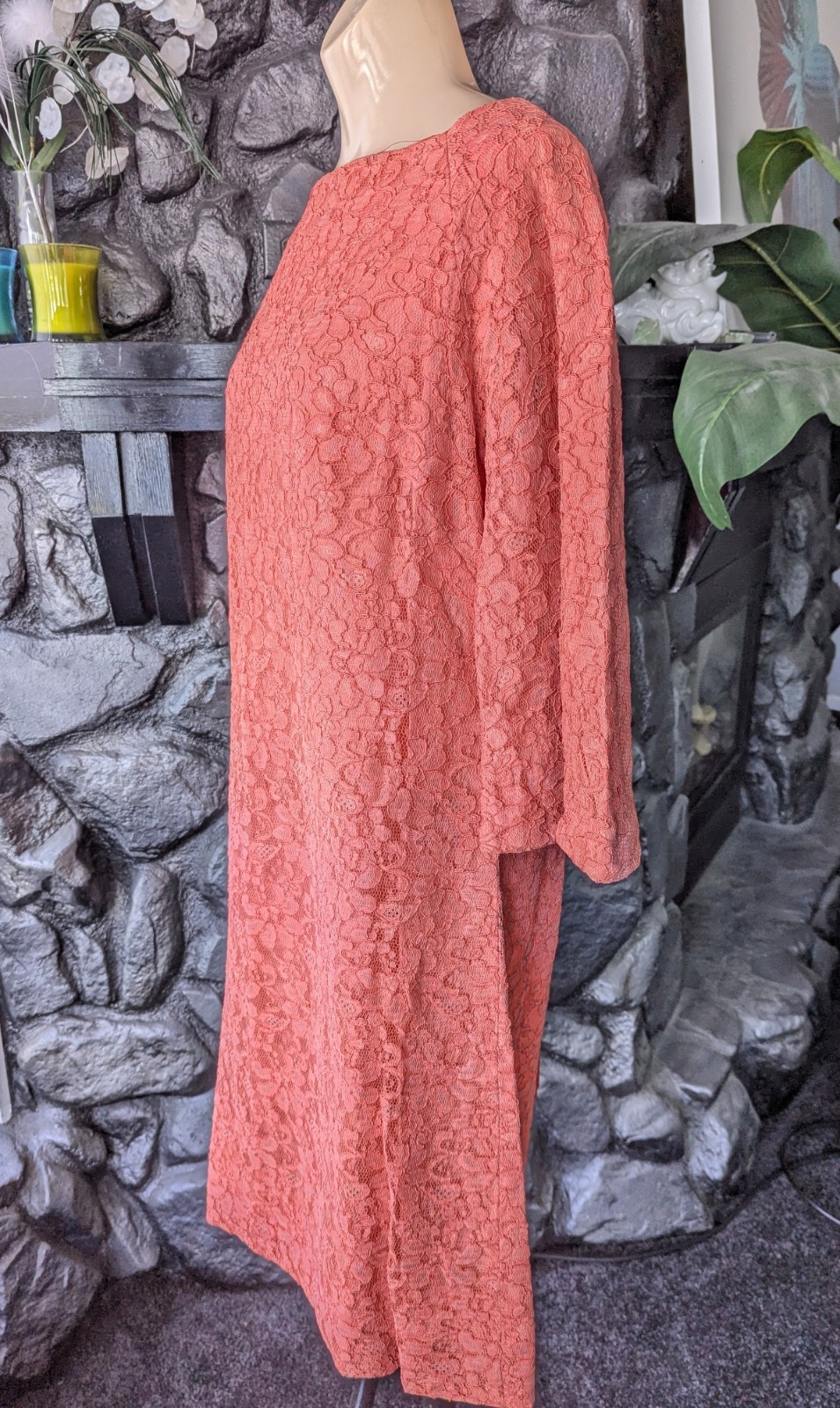 Vtg 60s Coral Peach Lace A-line Dress Bell Sleeves Satin Bow Sz M Party Cocktail