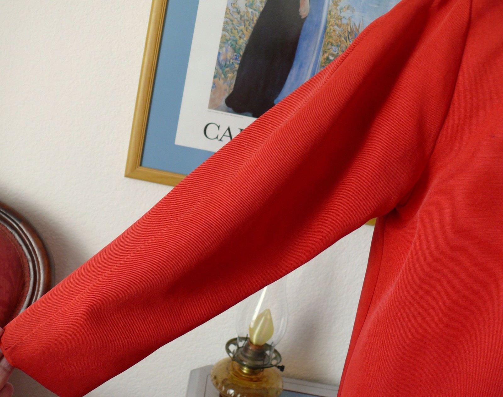 1950`s Red Faille` Silk & Rayon Blend Red Evening Coat with Black fur Collar