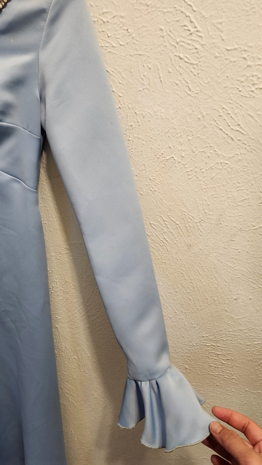 Vintage Evening Custom Dress Size Medium Light Blue Bell Sleeves Pearl Accent