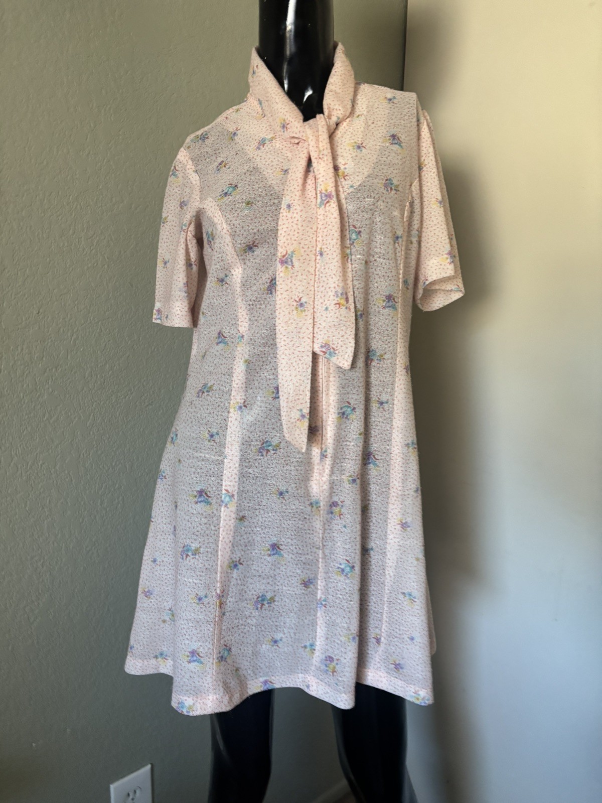 1960s Vintage Dress Shift Mod Short Sleeve Pussy Bow Tie Size Large