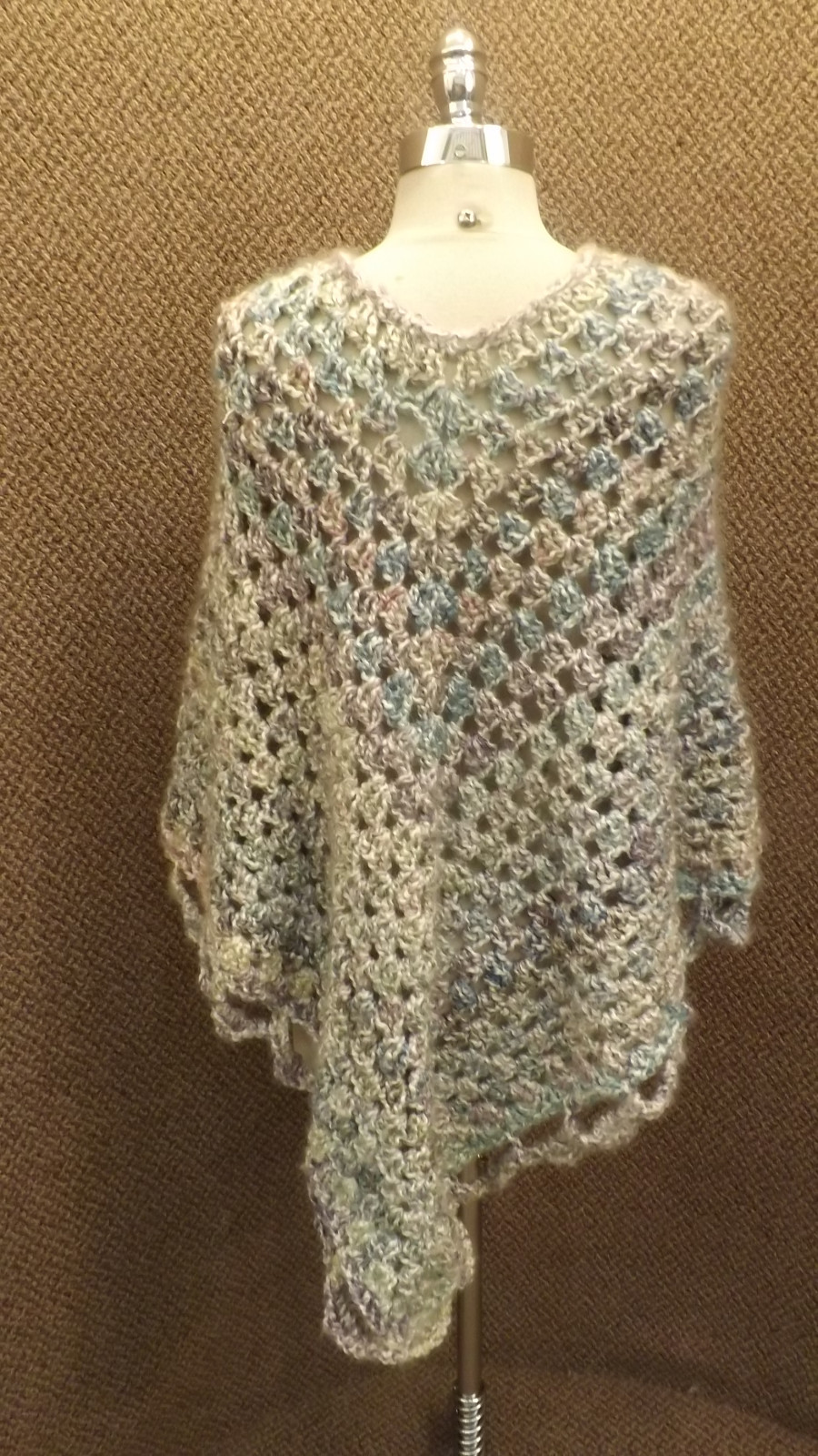 UNUSED Vtg Hand Crocheted Open Work Cape Blended Colors Purple Blue Gray White