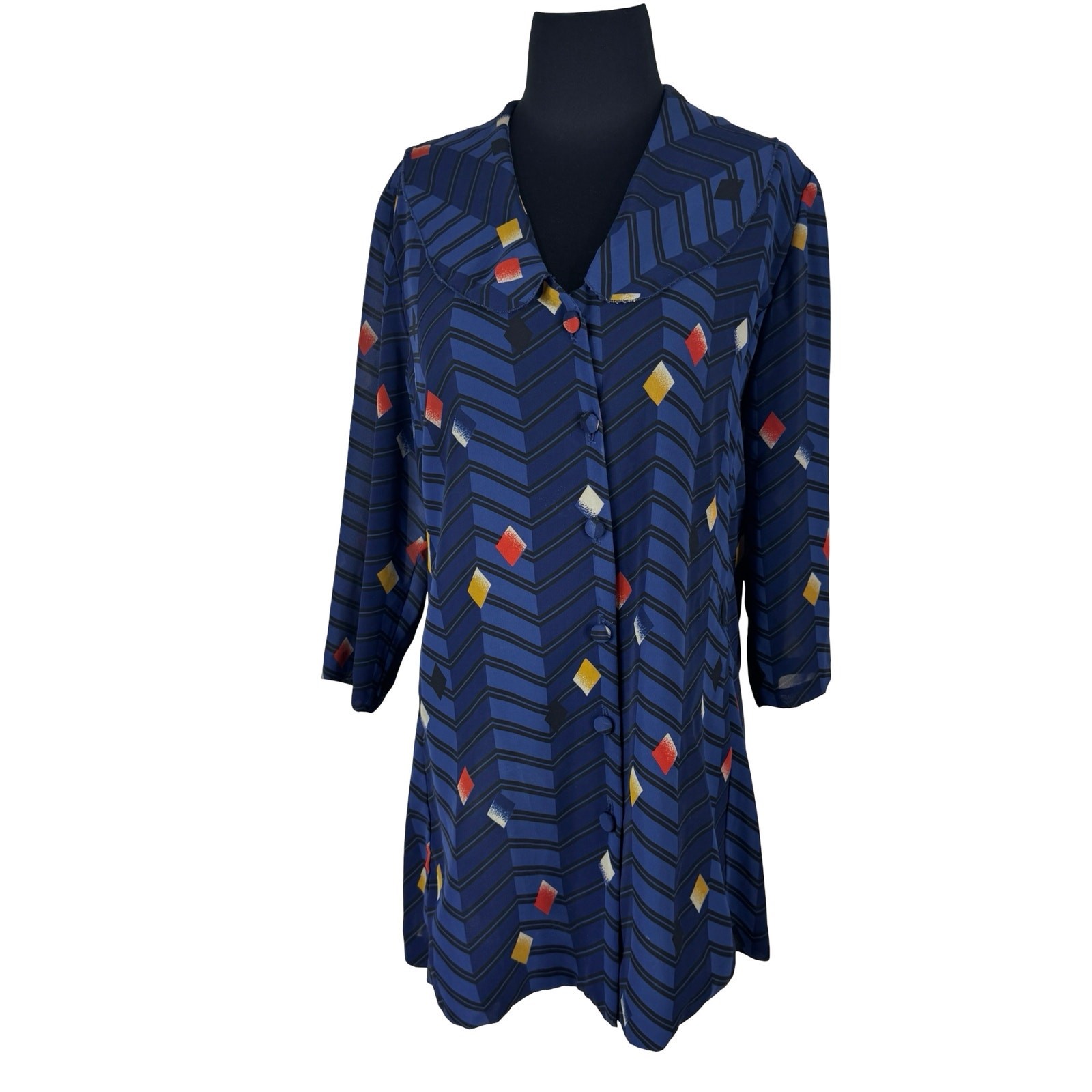 Vintage 80s Geometric Optical Illusion Tunic Blouse Sheer Chiffon Side Slits Top
