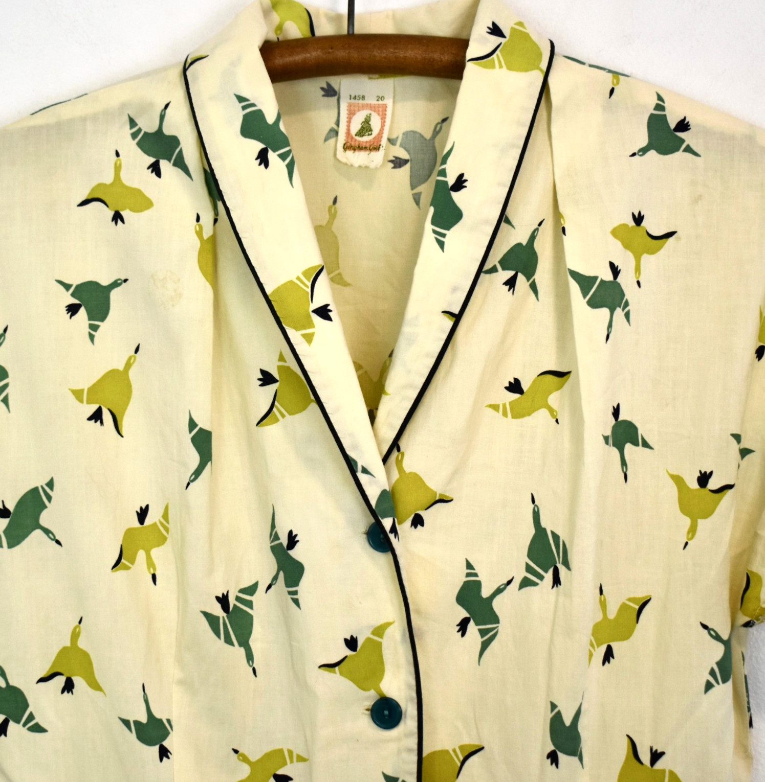 Vtg 40- 50s Day Dress/House Dress Butter Yellow Novelty Bird Print Geese L