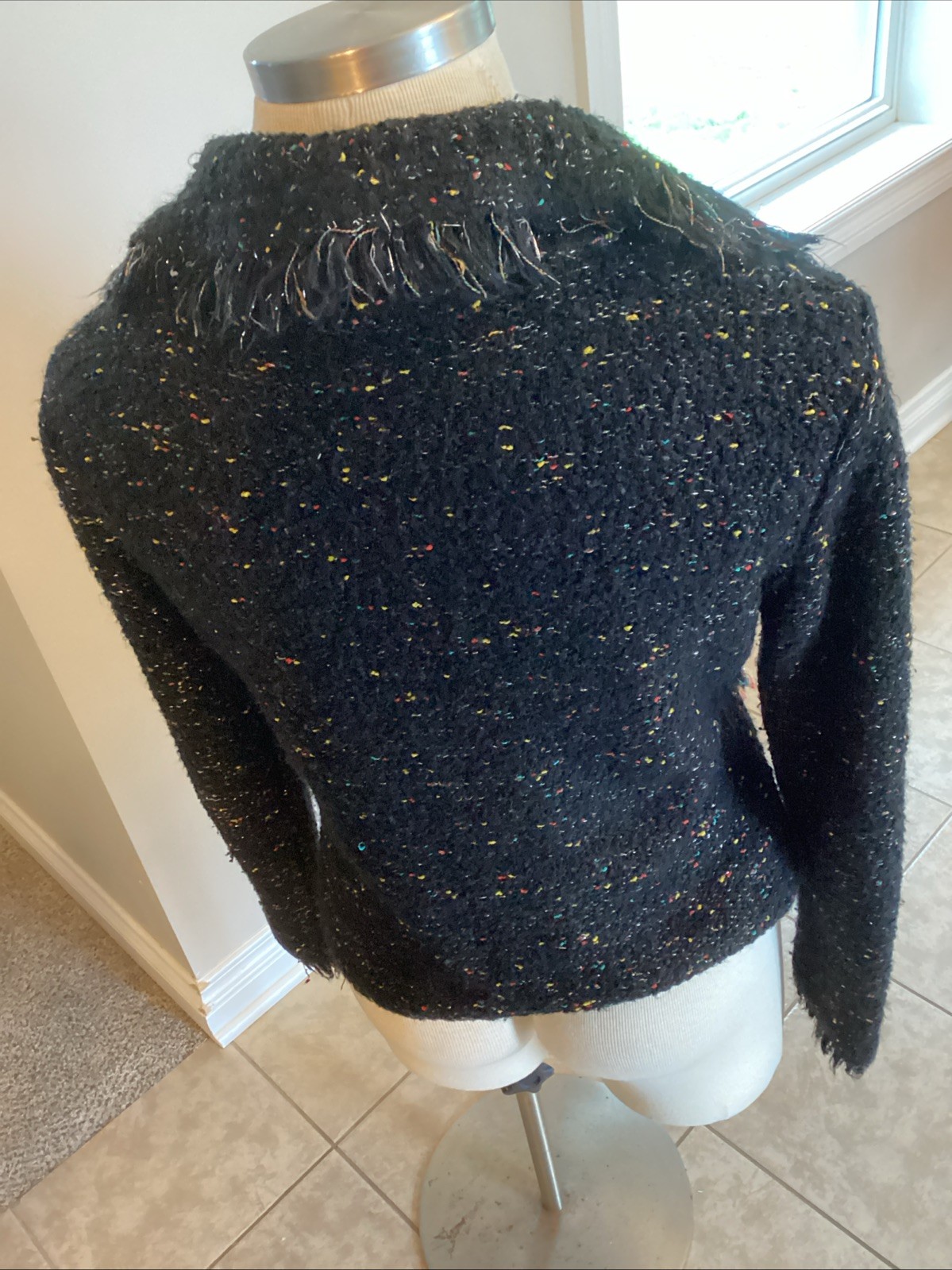 Milano Acrylic Fringe Trim Button Speckled Metallic Cardigan Size XL Black