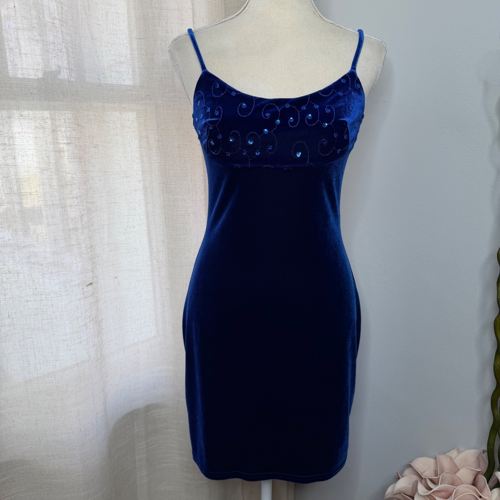 Y2K Vintage Jessica McClintock Gunne Sax Velvet Sequin Mini Dress Blue Women 5/6