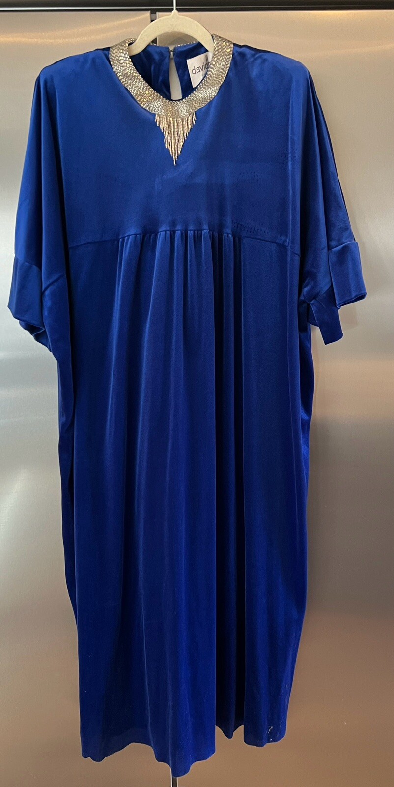 VTG David Brown California Blue Velvet Caftan w/ Beaded Neckline READ