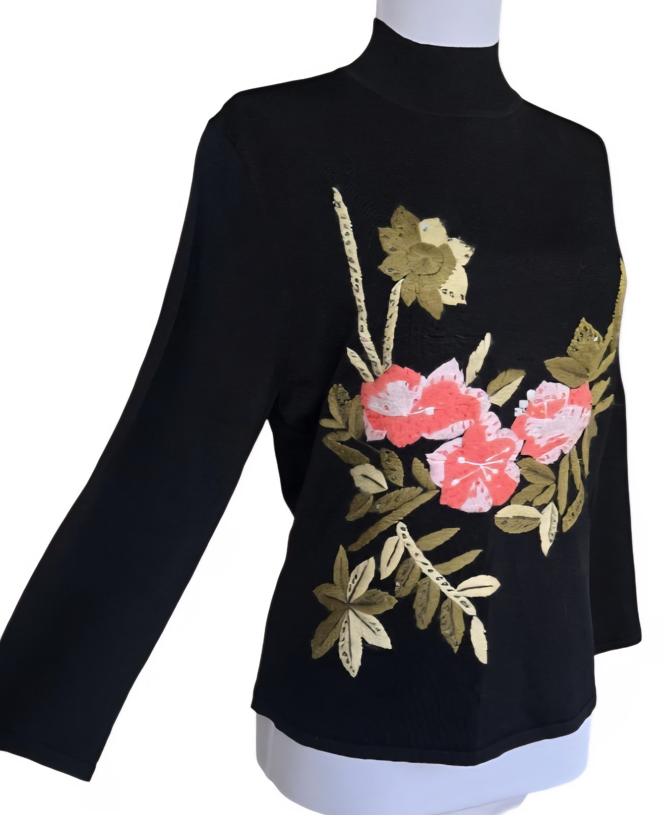 1990s CABO Emb Floral Sequined High Neck Knit Rayon Nylon Spandex Sweater Sz XL