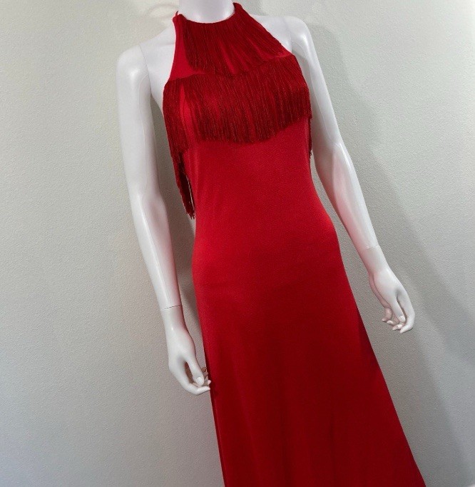 Vintage Disco Dress, Joy Stevens California Red Fringe 1970’s Retro Gown Size 6