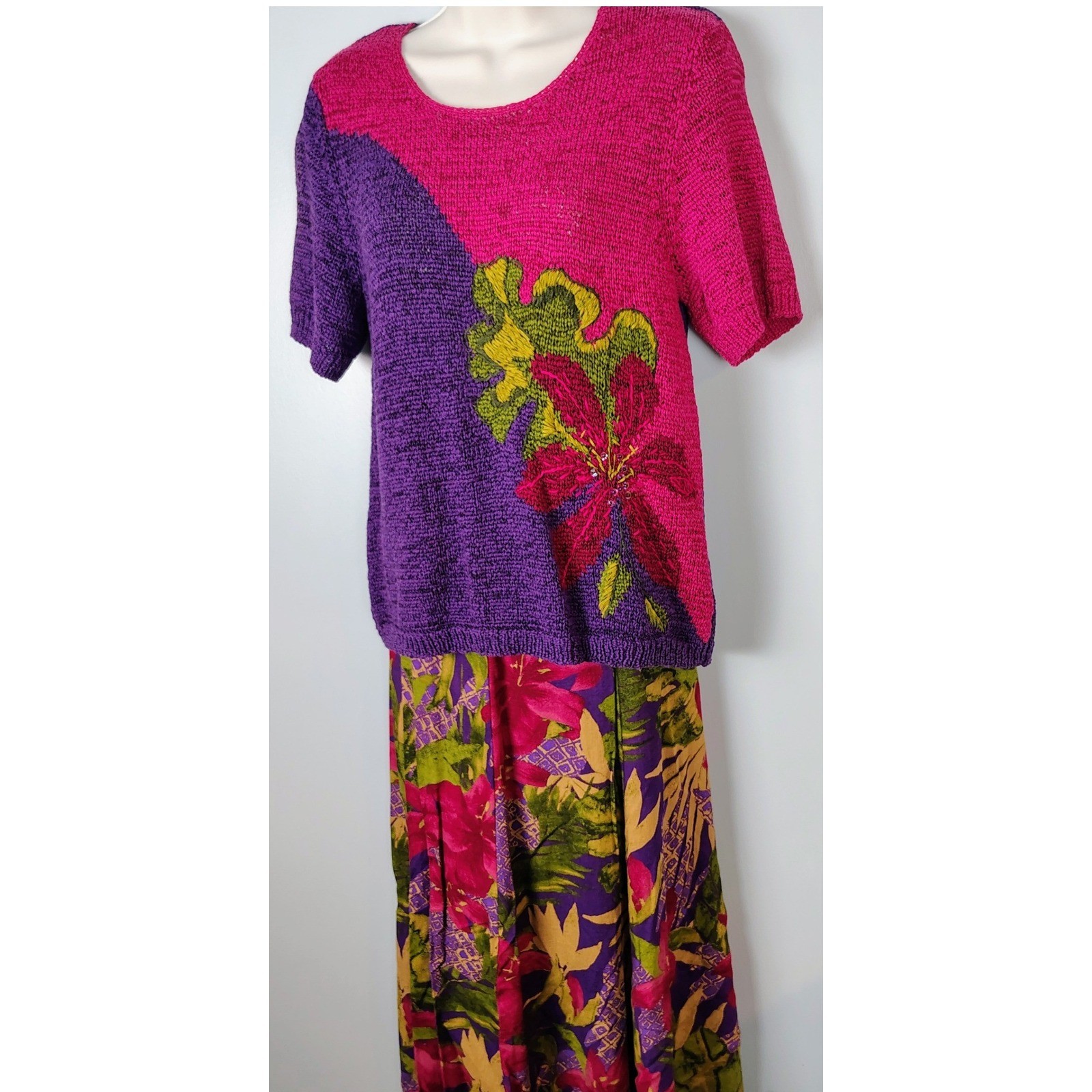 Koret Vintage 2 Piece Set Womens Medium Pink Purple Floral Knit Top Maxi Skirt