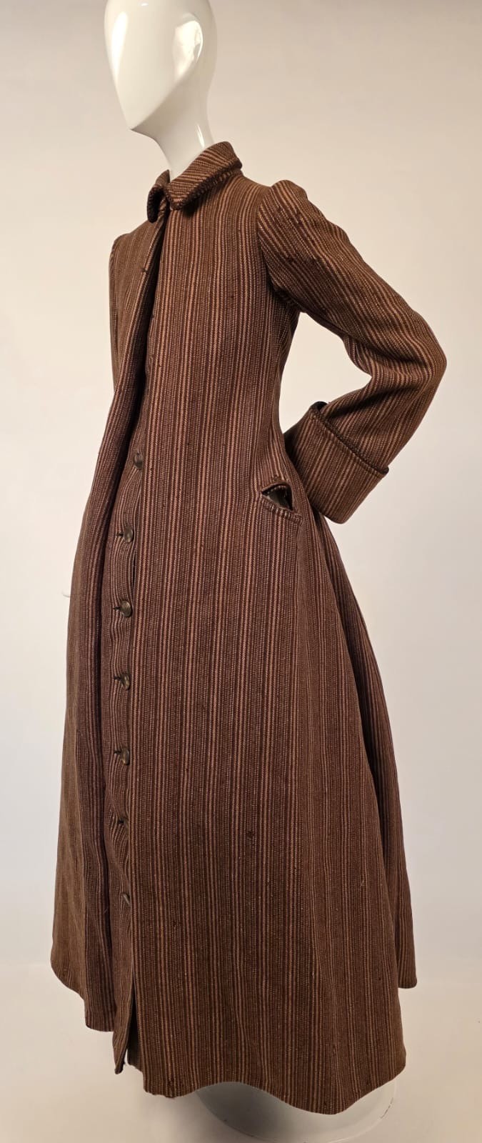 VICTORIAN 1880’S FLANNEL LINED STRIPED WOOL BUSTLE BACK DRESS COAT