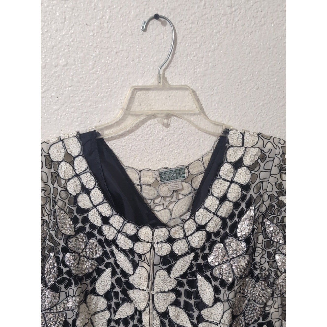 Vintage Hand Beaded Sequin Top Tesoro Manila Black White Floral Statement Blouse