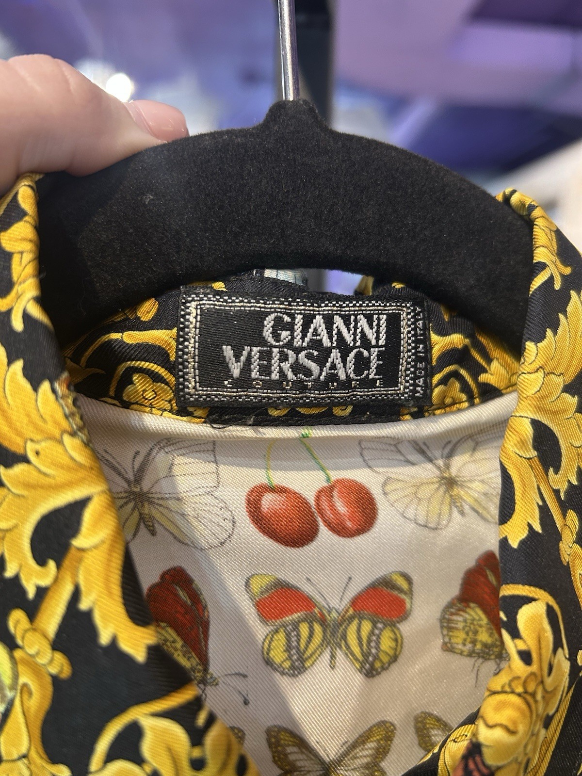 Vintage 1990s Gianni Versace Silk Blouse w/ Baroque Butterfly Fruit Print