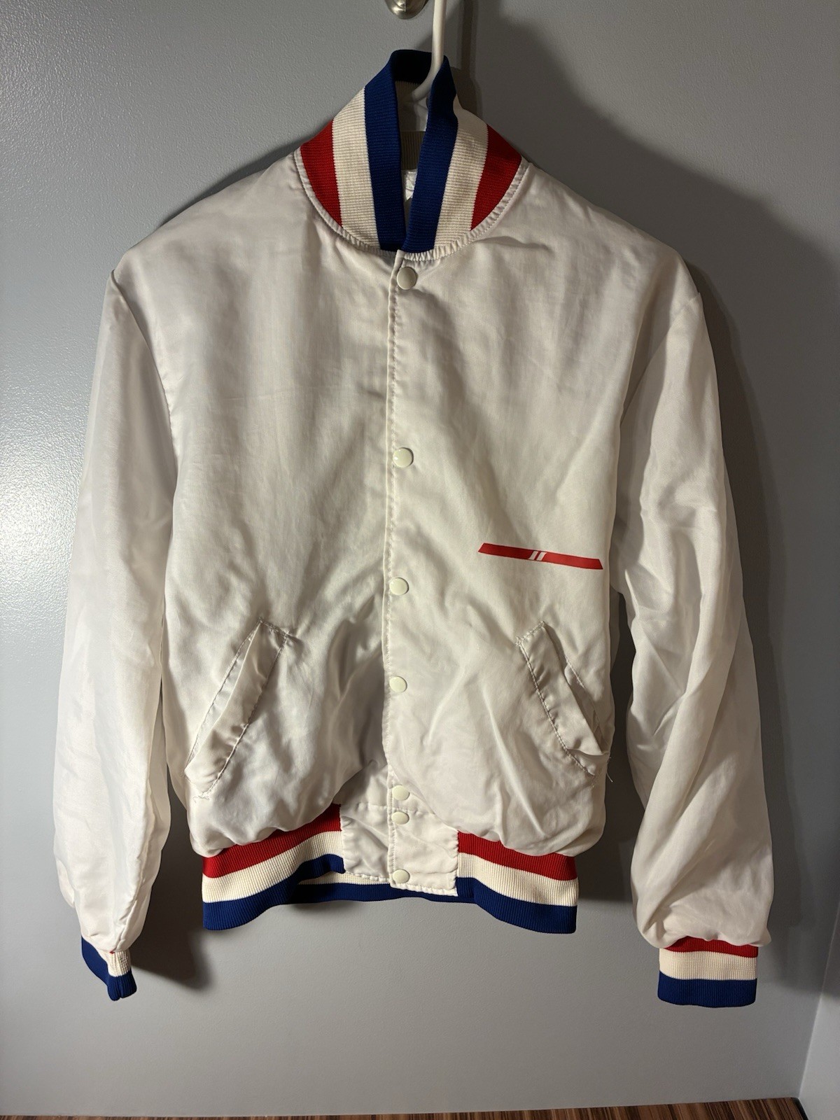 Vintage Holloway White Satin Bomber Jacket Size Small In Red, White & Blue
