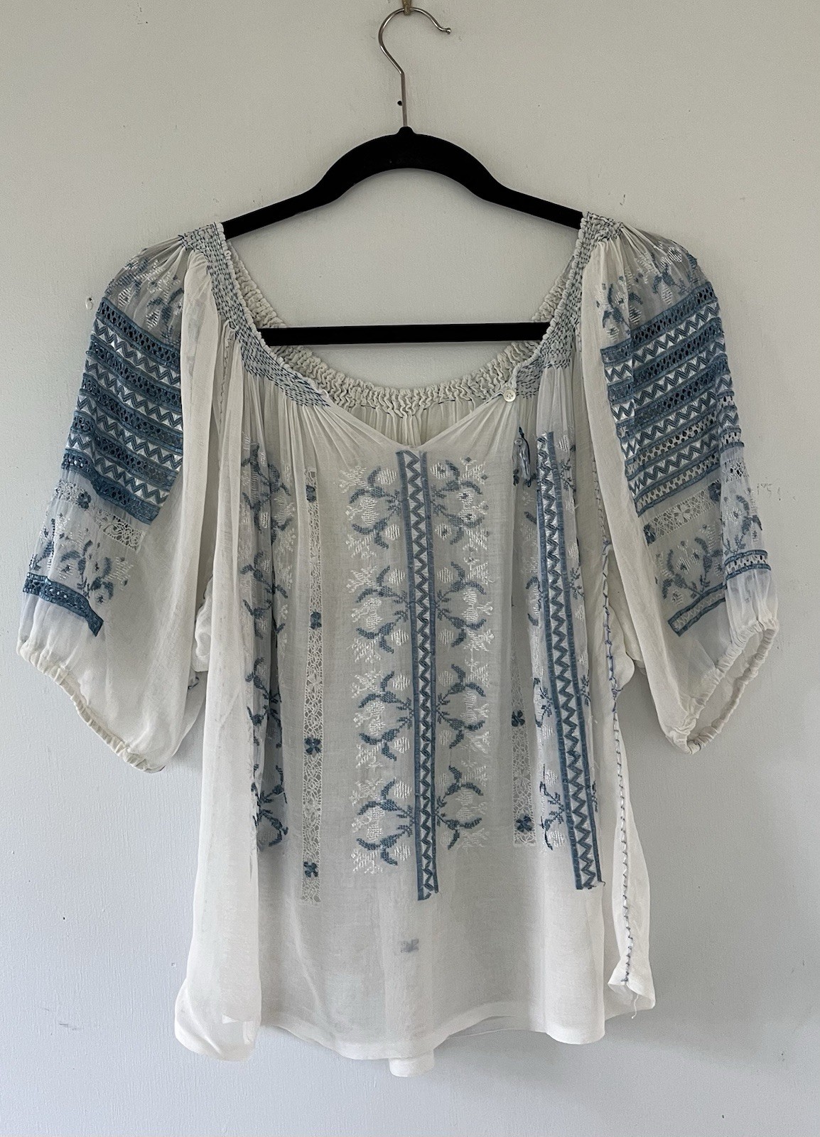 Vintage 1930s Art Deco Hand Embroidered Hungarian Sheer Cotton Peasant Blouse