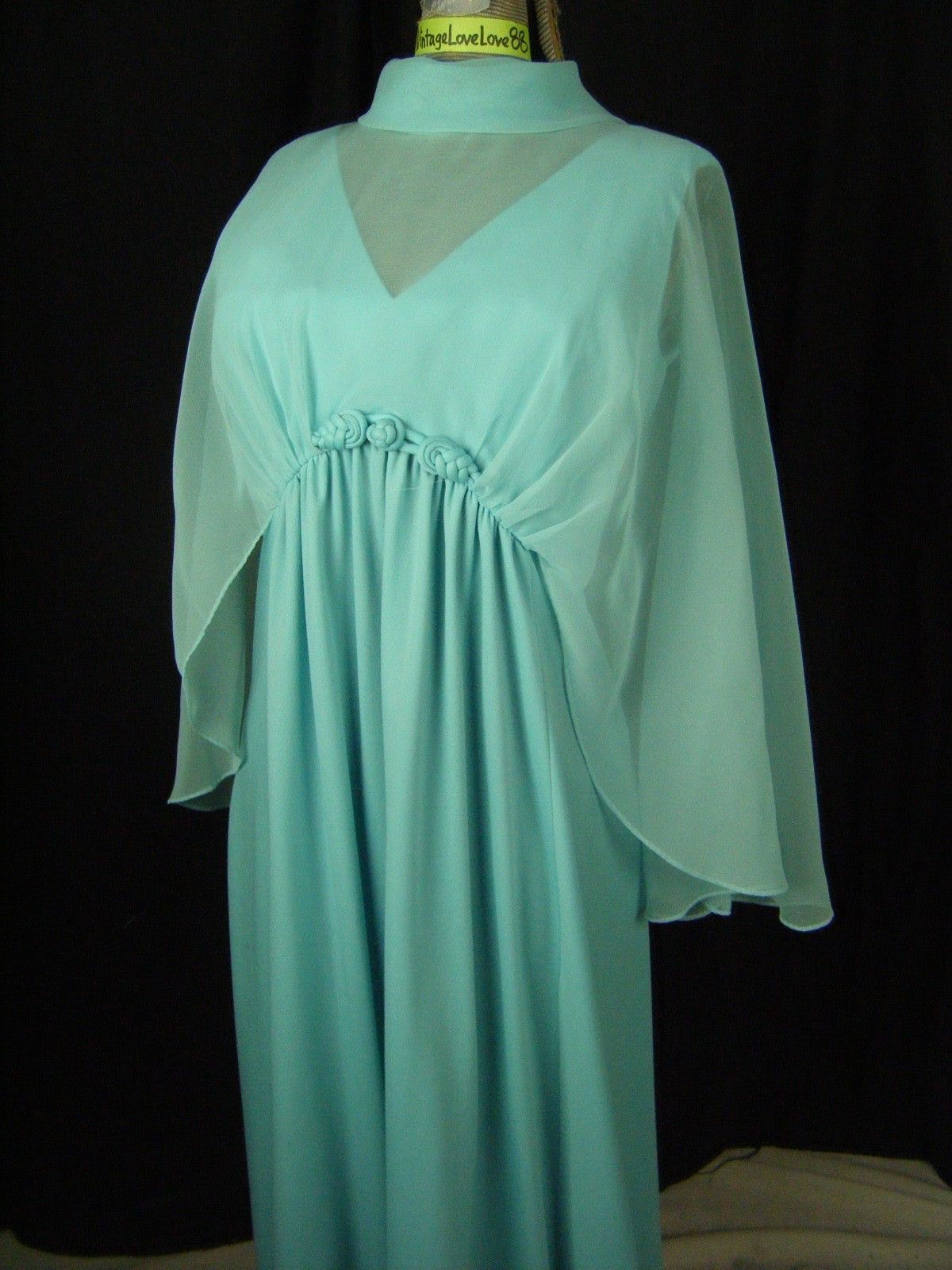 Vtg 60-70s Aqua Blue Sheer Cape Mod Knit Dress-Bust 37/XS-S