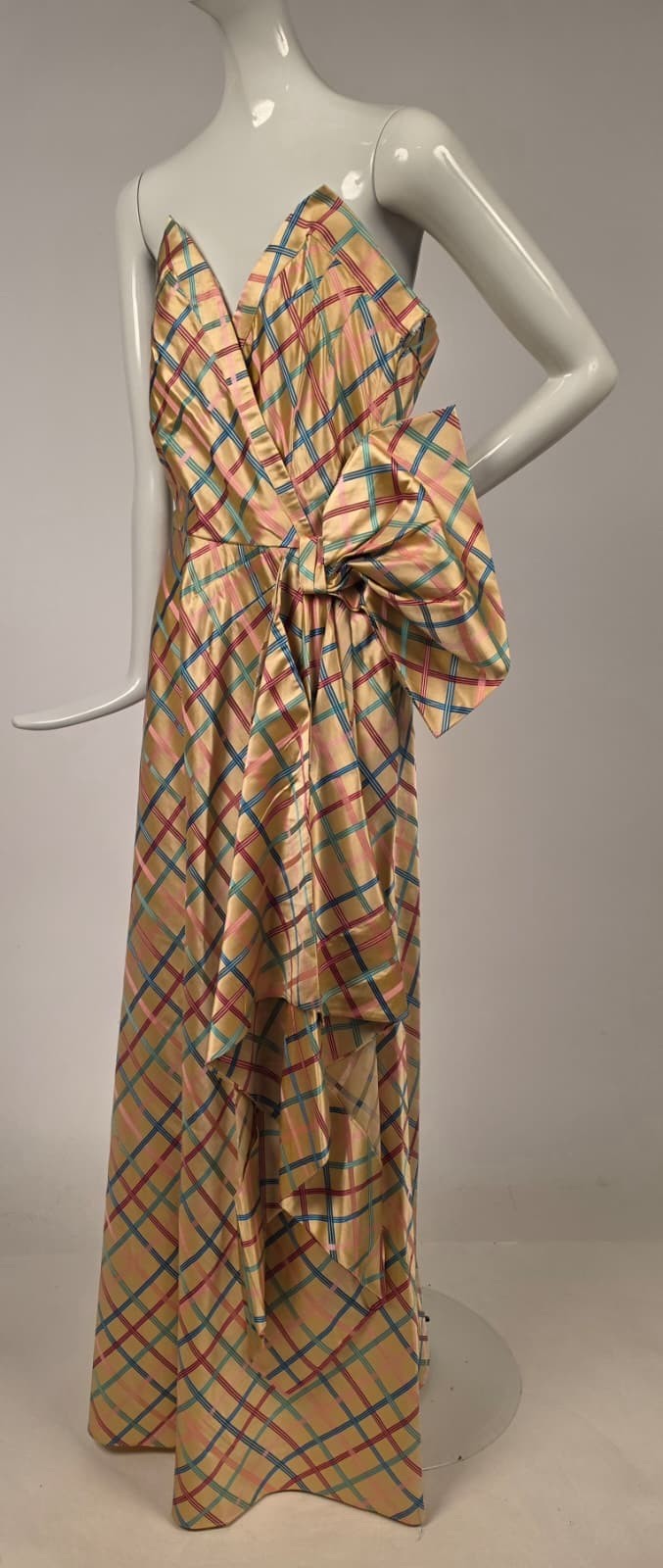 GLAMOUR 1940’S MULTICOLORED WINDOWPANE SILK EVENING GOWN DRESS W BOW DETAIL