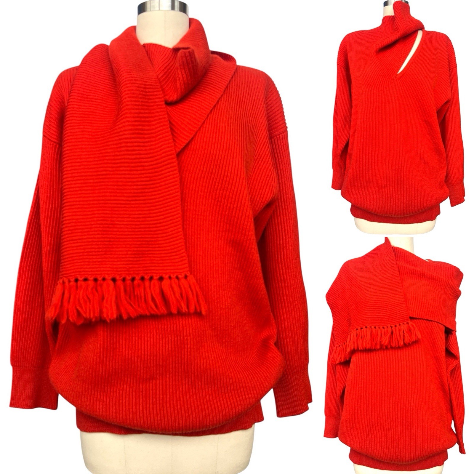 Vintage Adrienne Vittadini Red WoolSweater Scarf Wrap V Nk Minimalist 80s 90s S