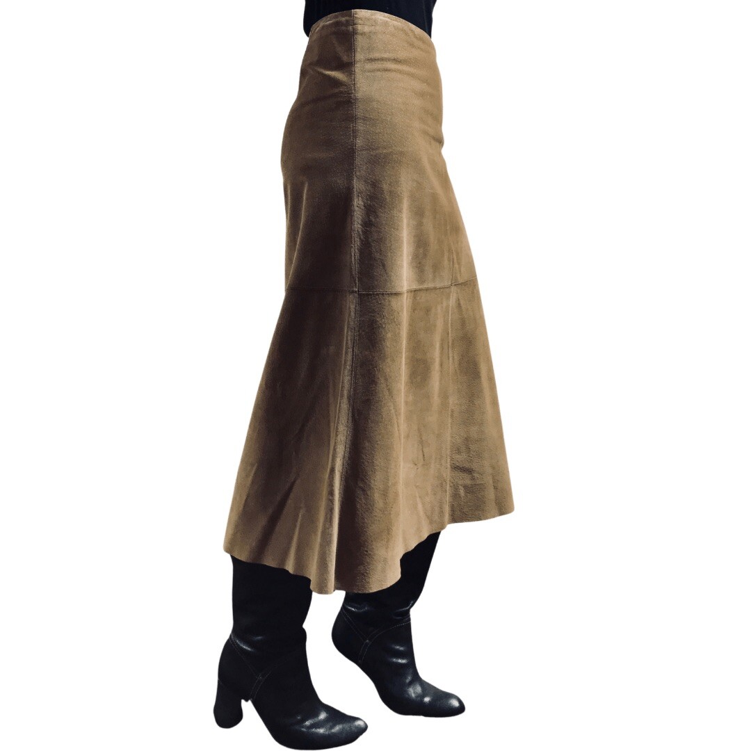 Rozae Nichols Brown Suede A Line Patchwork Midi Skirt Raw Hem 90’s Vintage M