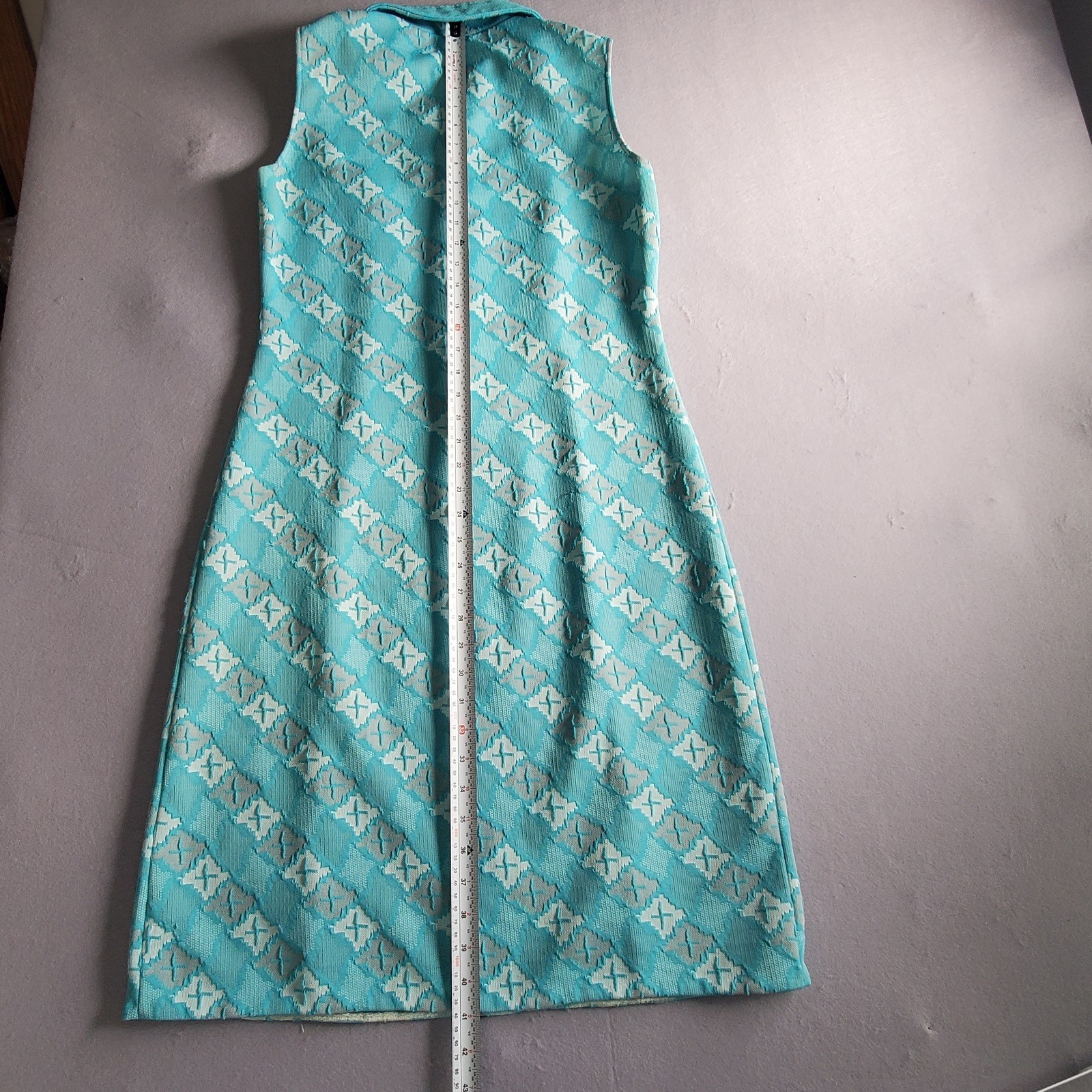 VTG 1970S Geometric Double Knit Shift Dress, Aqua/White Sleeveless Mod Tie L 12