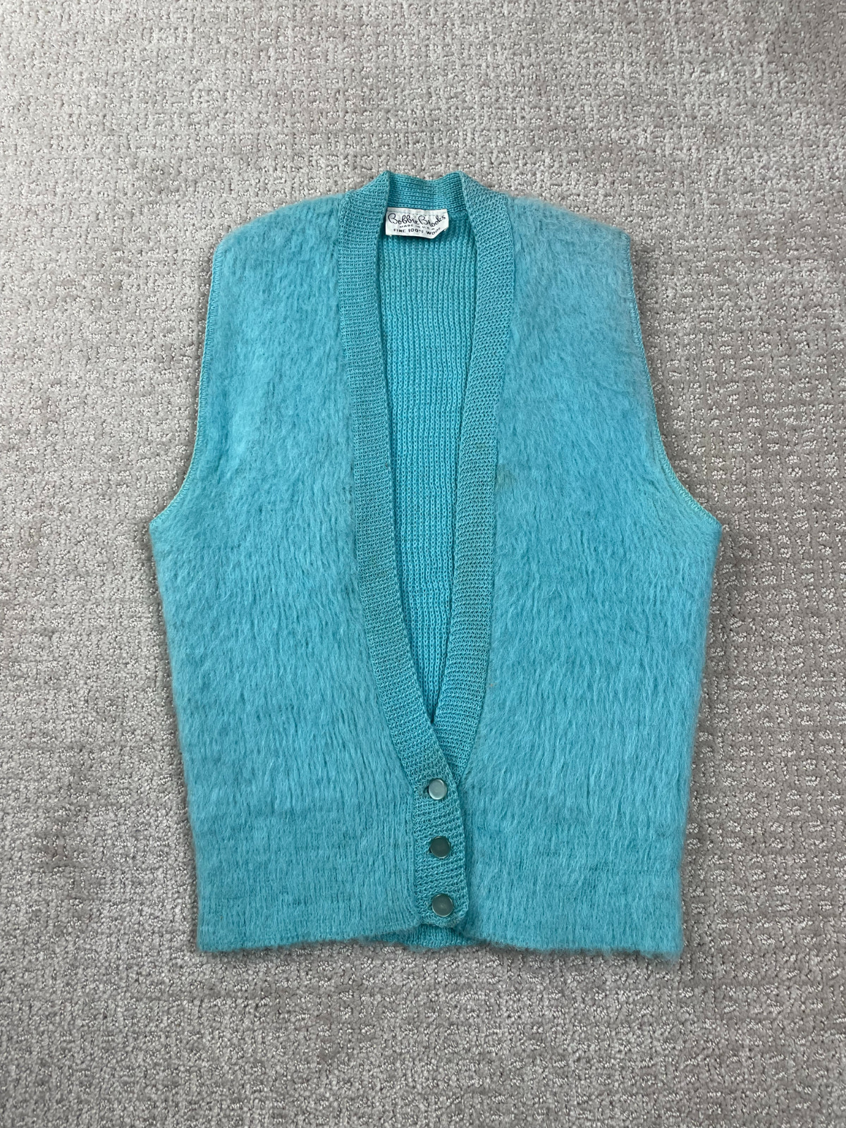 Vintage 60s Bobbie Brooks Vest Womens S? Teal Fine Wool Mohair Shaggy Fuzzy USA