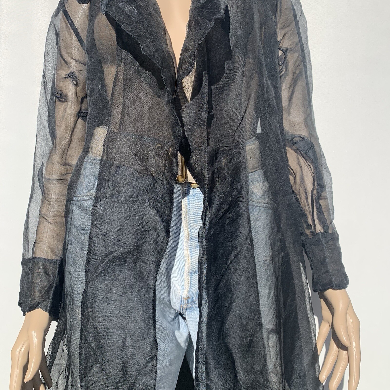 Repaired Vintage Designer Elan Vitale Avant Garde Sheer Black Rayon Duster Coat