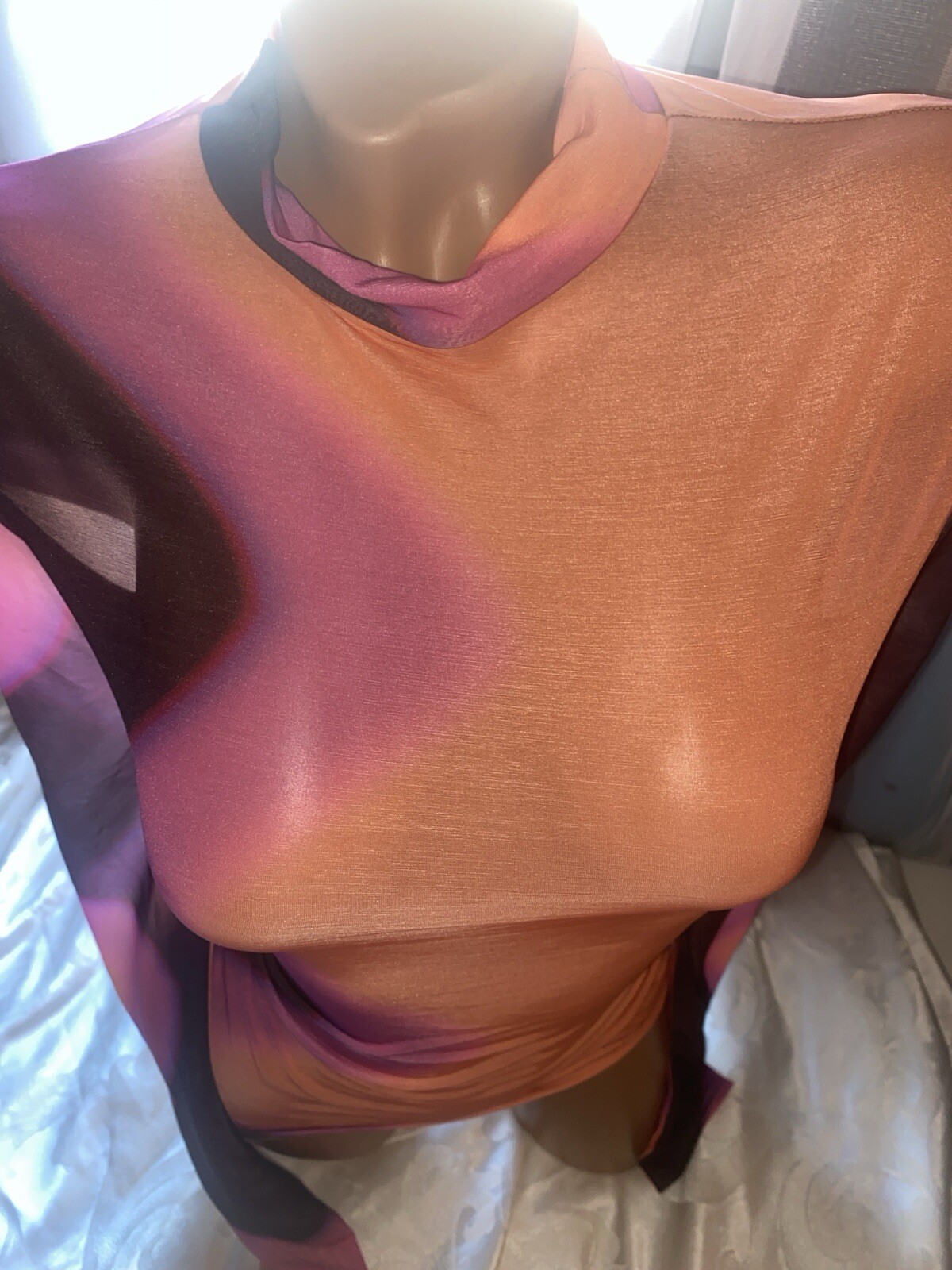 VTG SHEER OPAQUE SWIRL MOD HIGH NECK SPANDEX MESH NYLON BLOUSE S/M NEW 40&Prime;