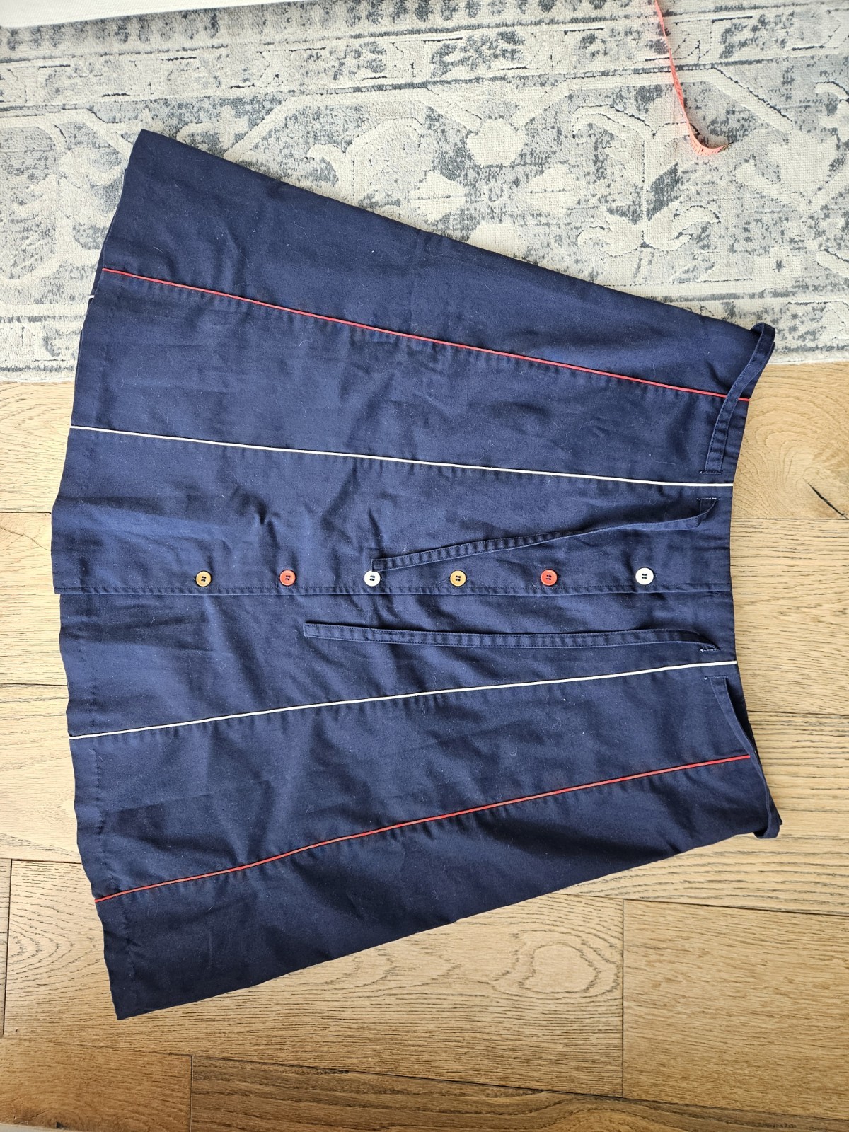 True Vintage 1970s Cotton Poly Blend Navy Blue Tie Waist Skirt Size M